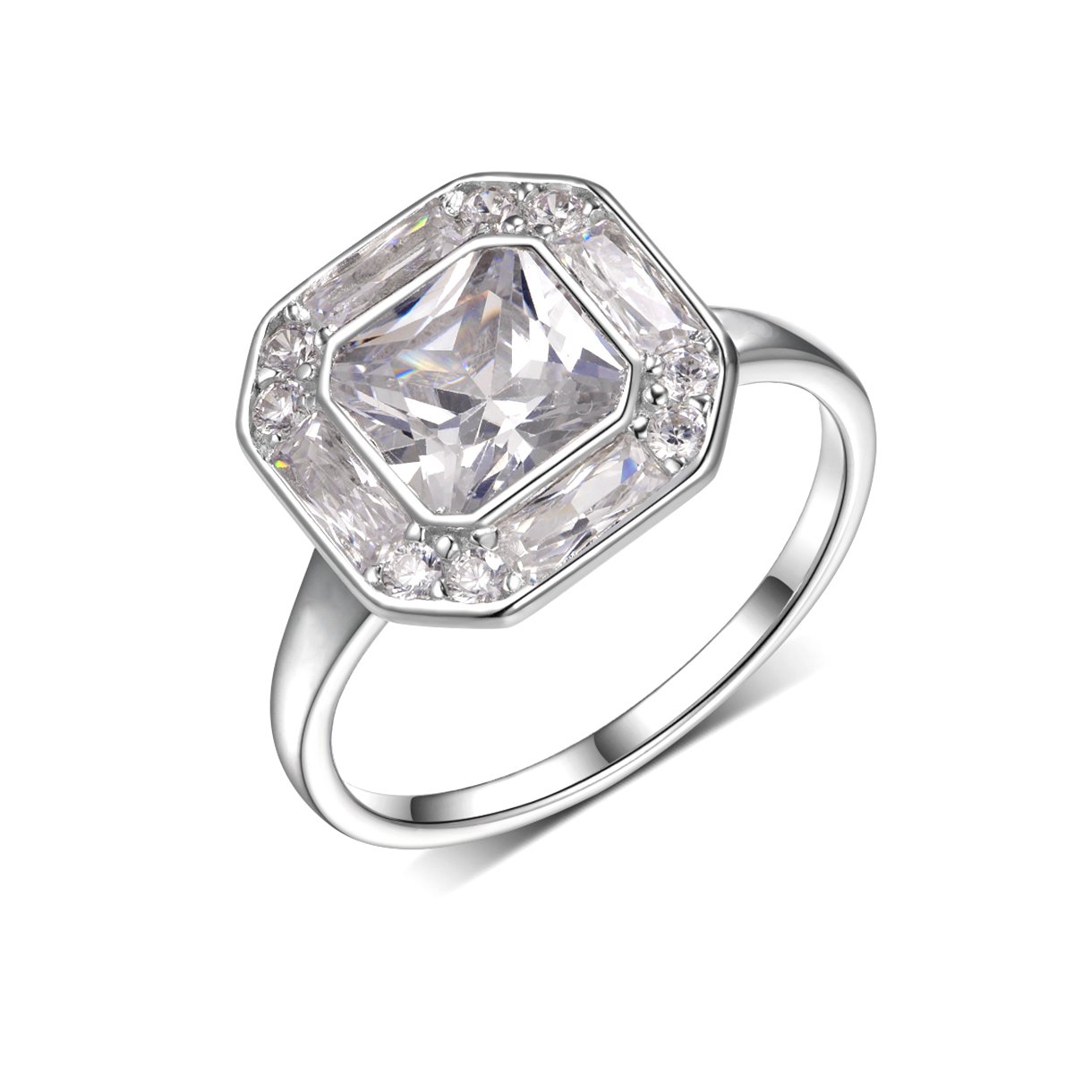 2ct Octagonal Moissanite Halo Ring | Bezel-Set with Baguette & Pavé Frame