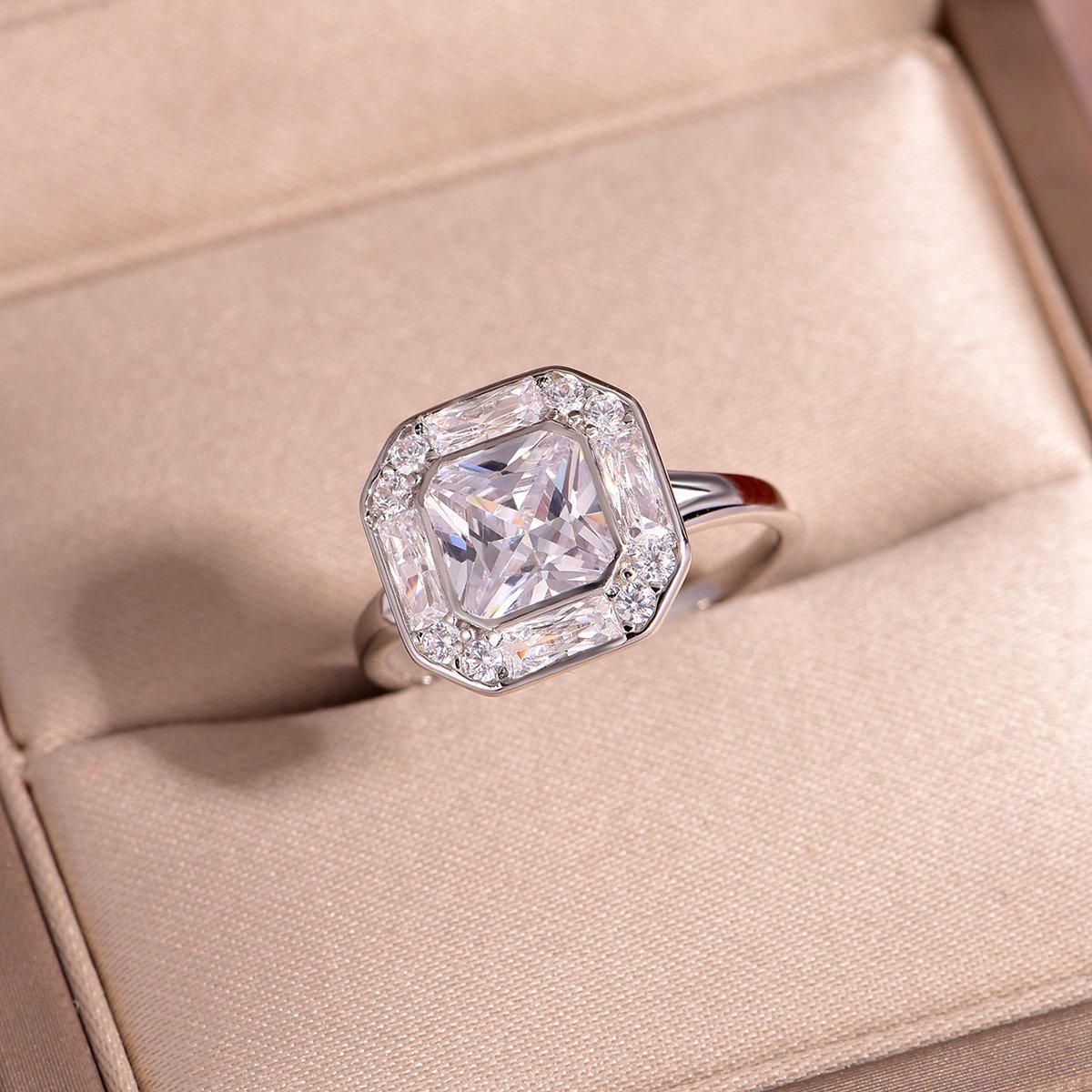 2ct Octagonal Moissanite Halo Ring | Bezel-Set with Baguette & Pavé Frame - Image 3