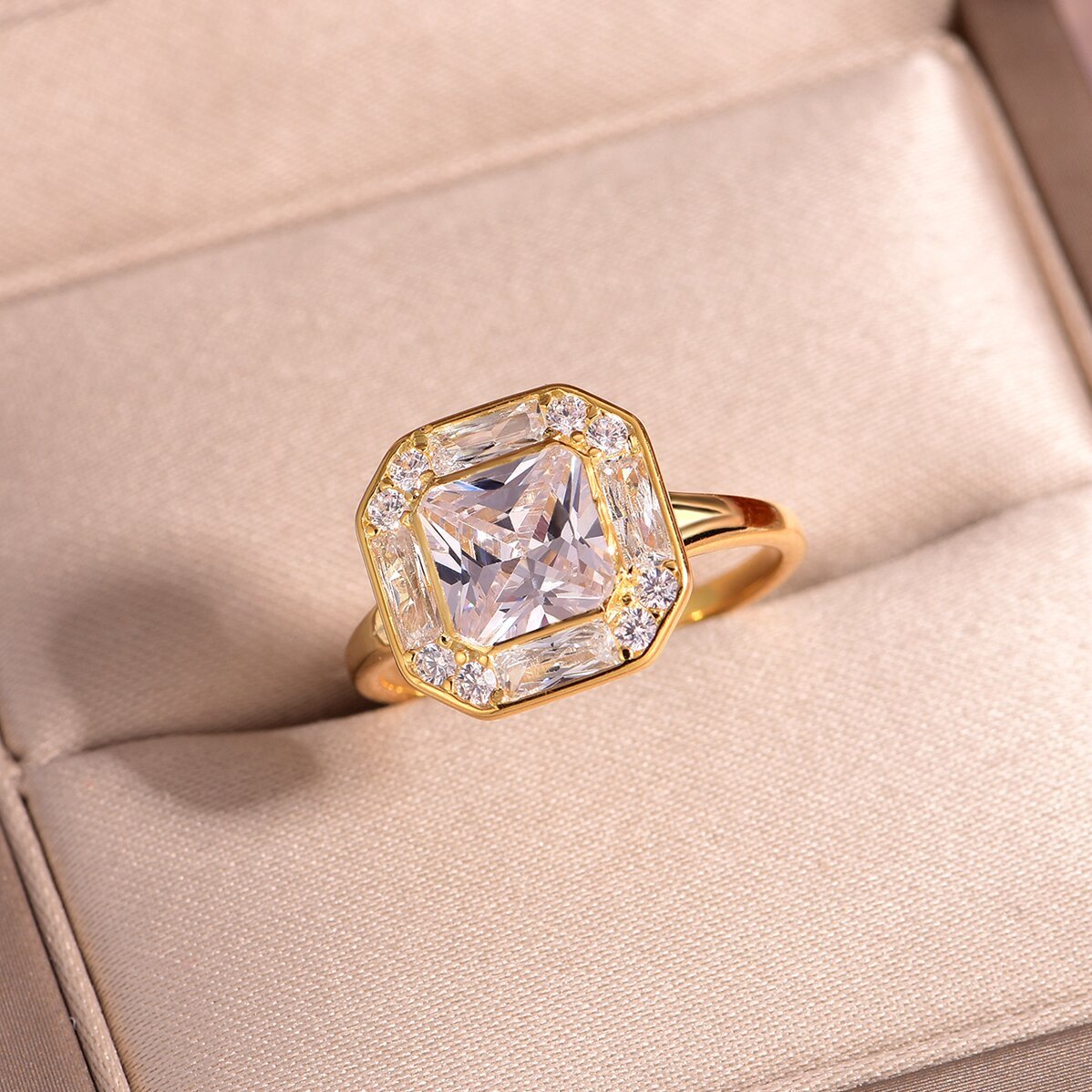 2ct Octagonal Moissanite Halo Ring | Bezel-Set with Baguette & Pavé Frame - Image 4