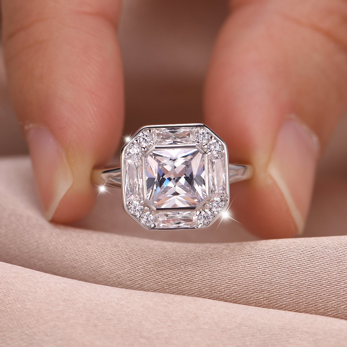 2ct Octagonal Moissanite Halo Ring | Bezel-Set with Baguette & Pavé Frame - Image 5