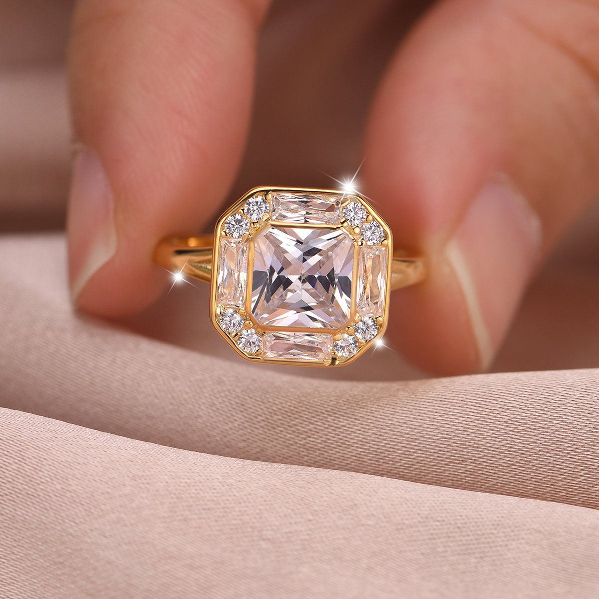 2ct Octagonal Moissanite Halo Ring | Bezel-Set with Baguette & Pavé Frame - Image 6