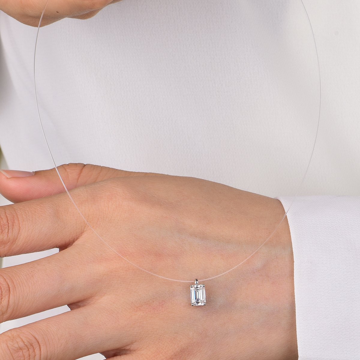 Emerald-Cut Floating Moissanite Necklace | Illusion-Set DEF VVS Sterling Silver - Image 4