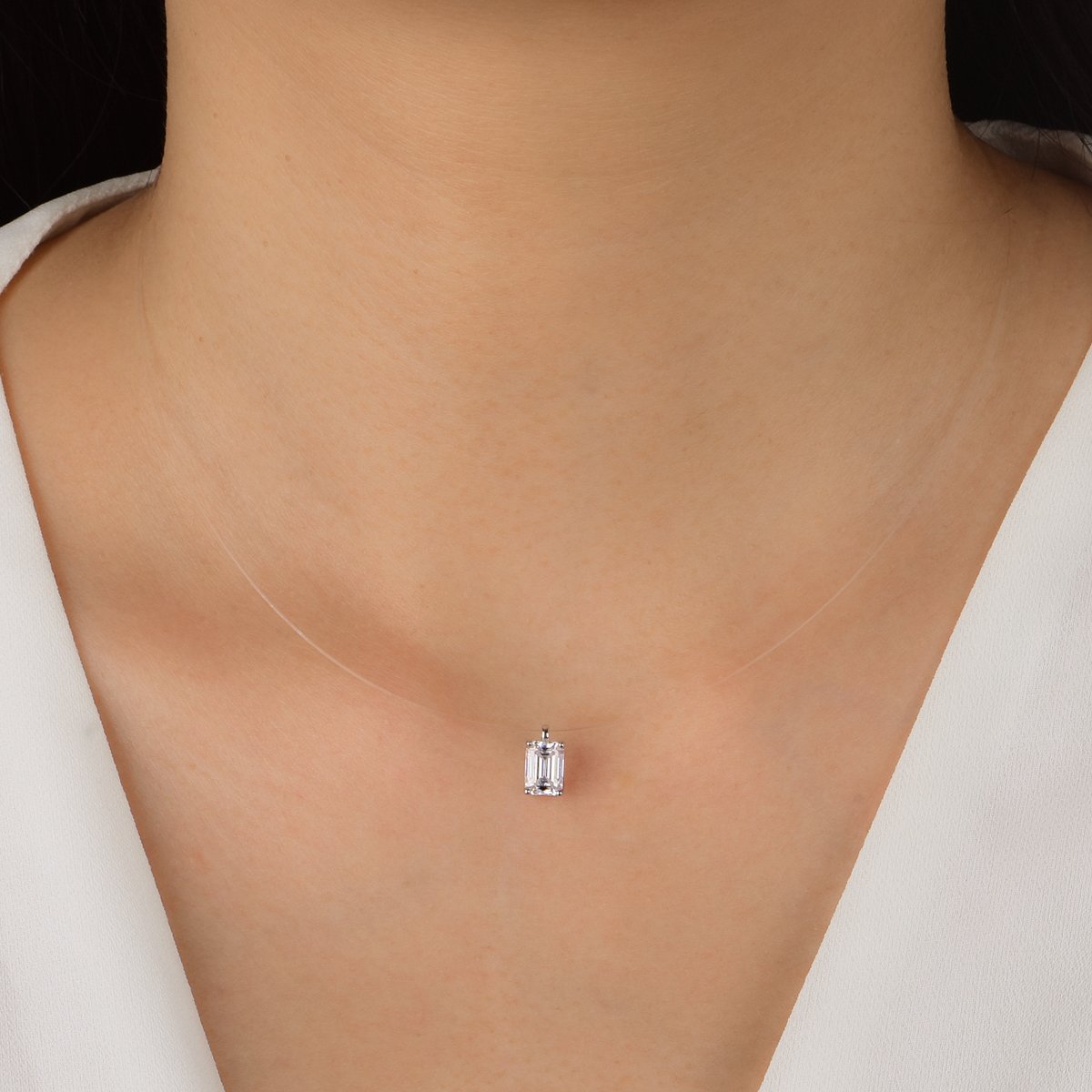 Emerald-Cut Floating Moissanite Necklace | Illusion-Set DEF VVS Sterling Silver - Image 5