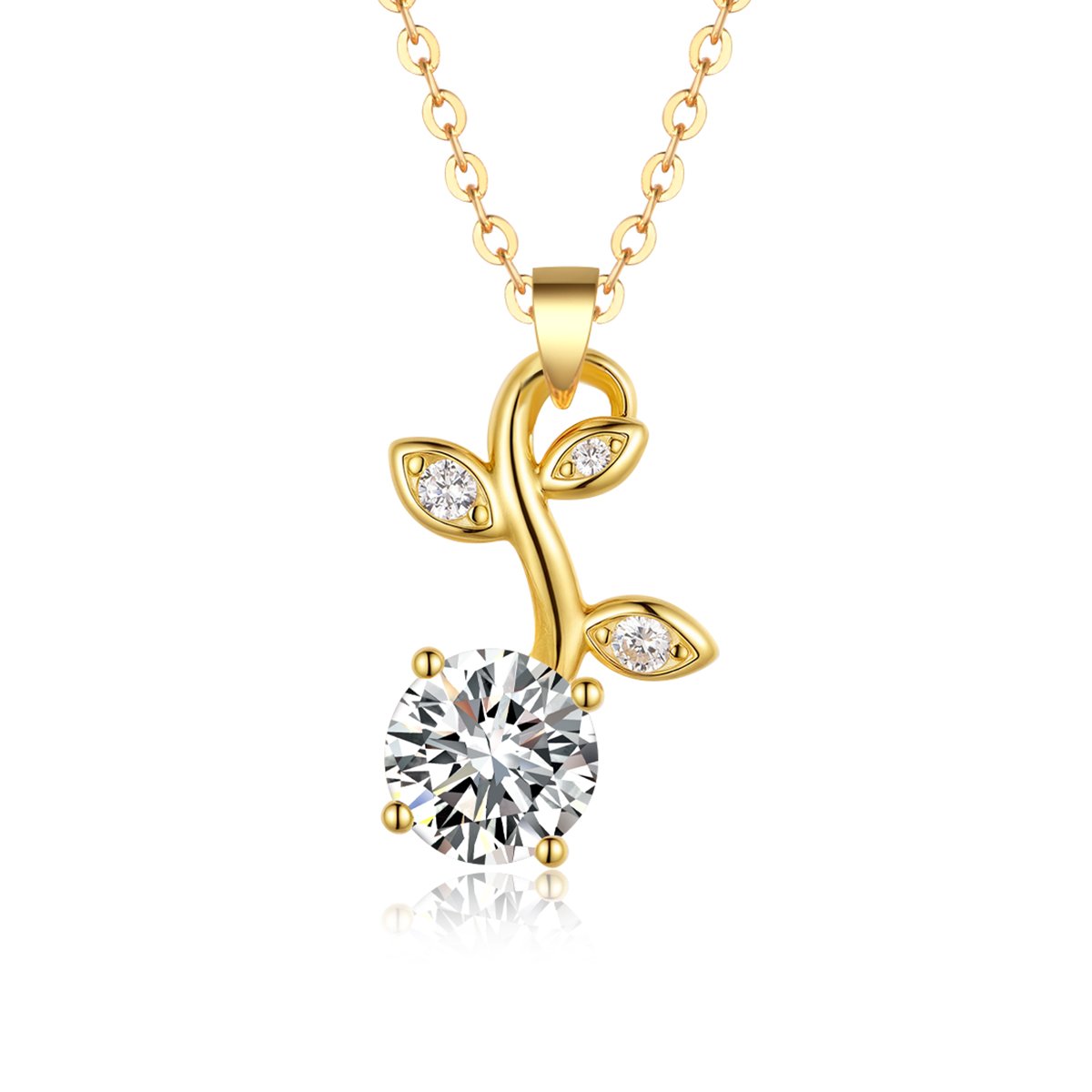Sprouting Leaf & Vine Round Moissanite Pendant Necklace in 18K Gold-Plated Silver