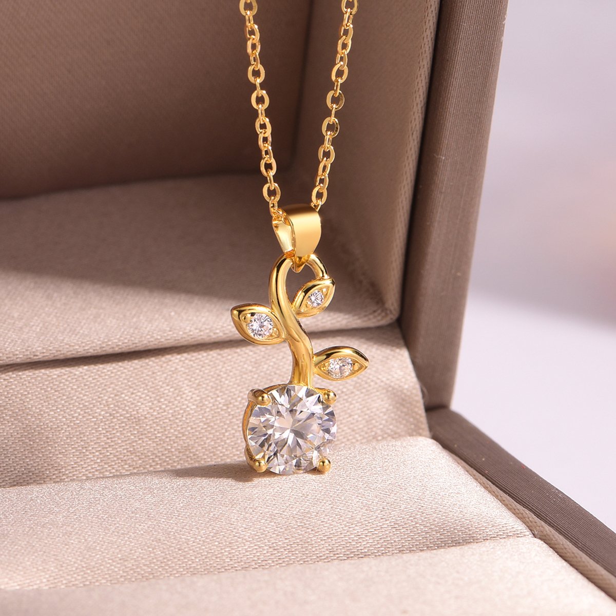 Sprouting Leaf & Vine Round Moissanite Pendant Necklace in 18K Gold-Plated Silver - Image 2