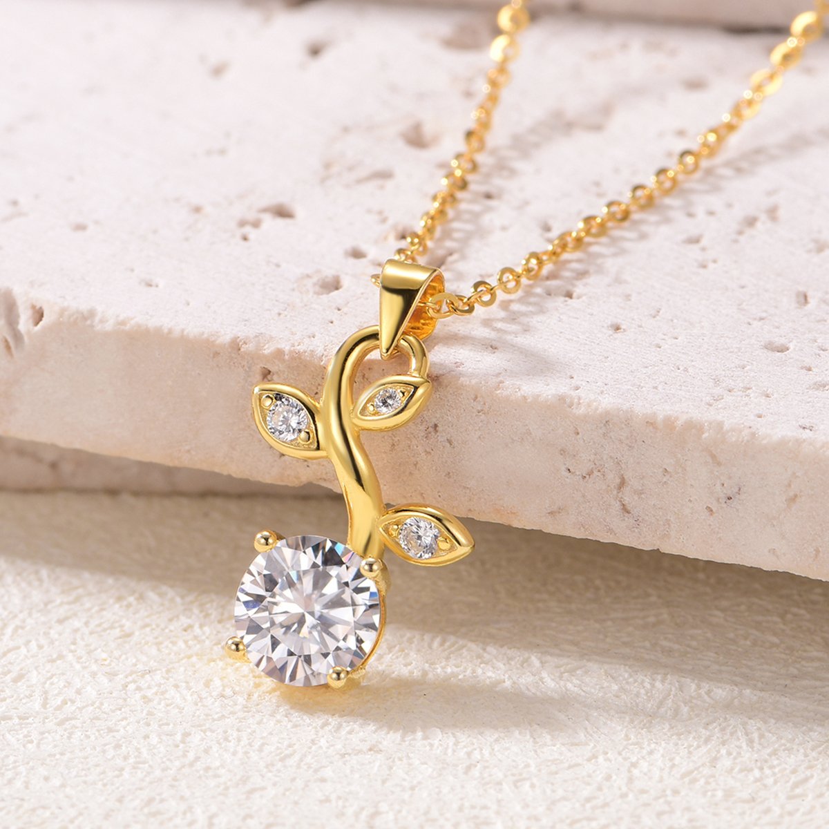 Sprouting Leaf & Vine Round Moissanite Pendant Necklace in 18K Gold-Plated Silver - Image 3