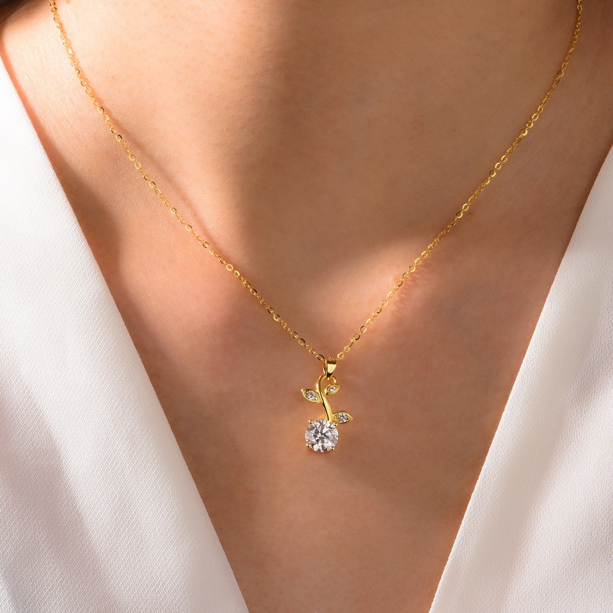 Sprouting Leaf & Vine Round Moissanite Pendant Necklace in 18K Gold-Plated Silver - Image 4