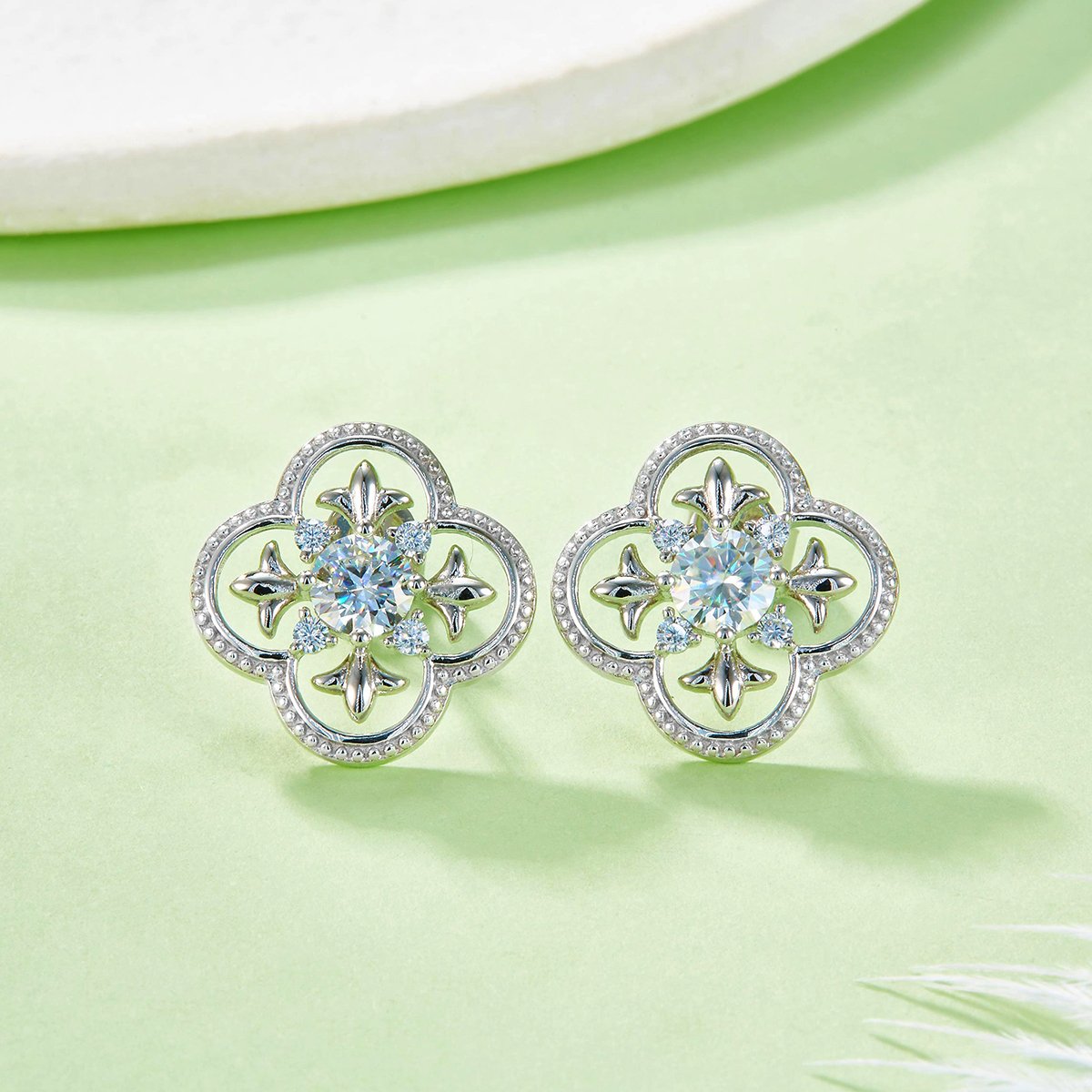 White Gold Openwork Clover Moissanite Stud Earrings - Image 2