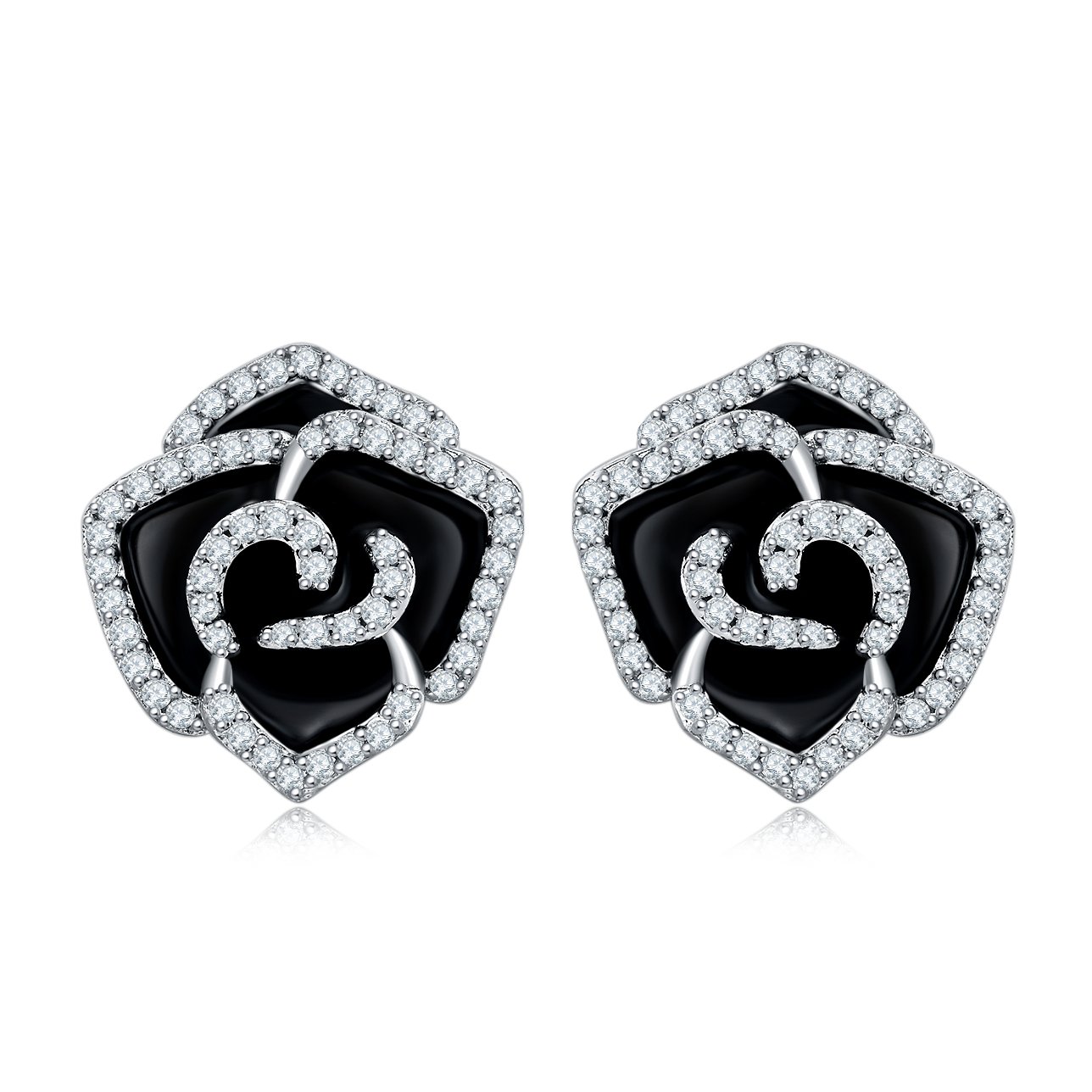 Black Enamel Rose Moissanite Stud Earrings