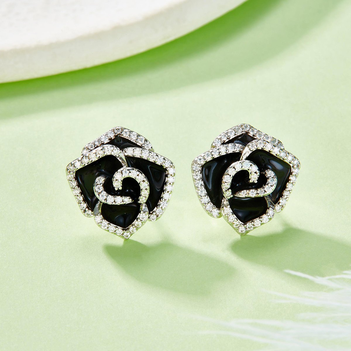 Black Enamel Rose Moissanite Stud Earrings - Image 2