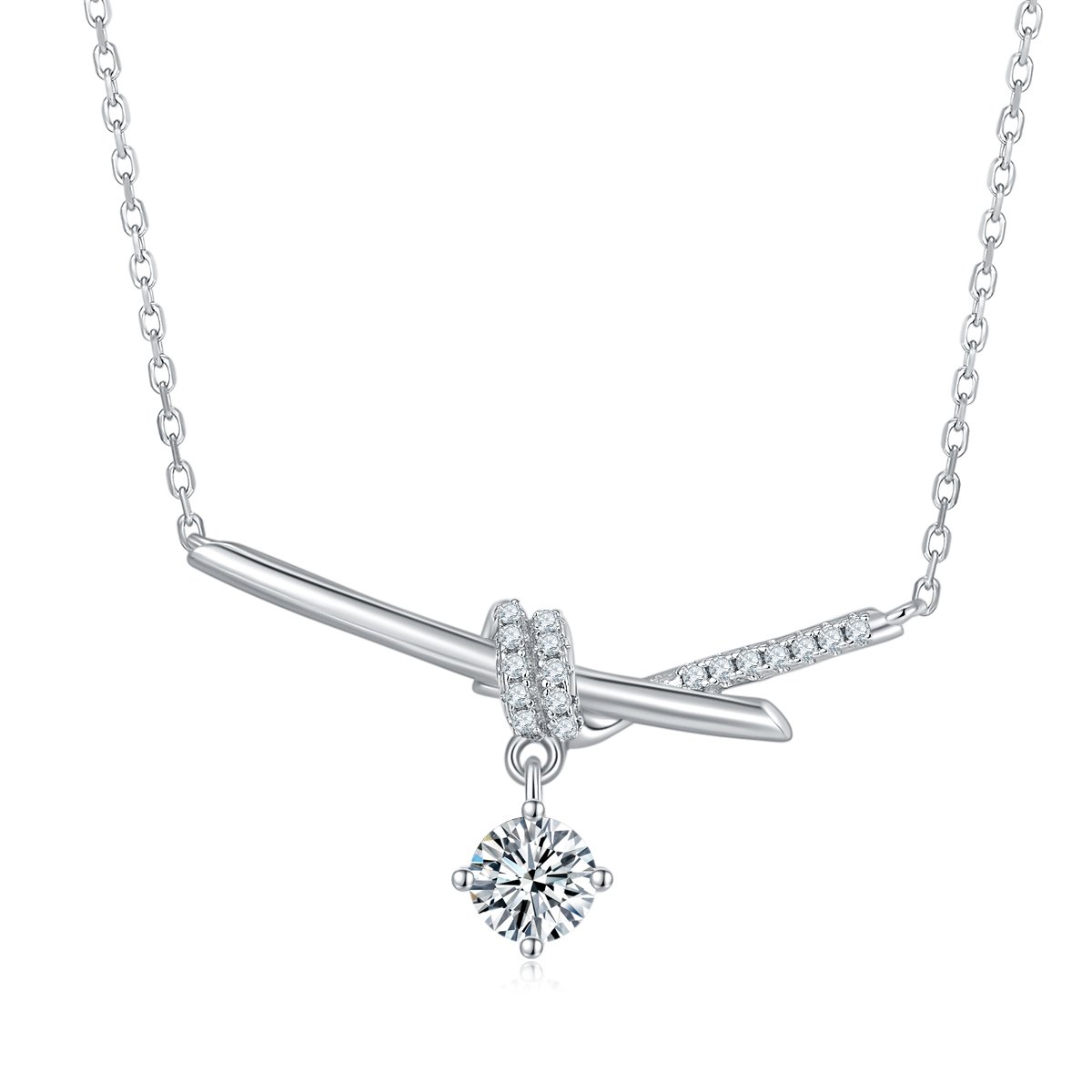 Crossover Knot Bar Moissanite Drop Necklace with Pavé Accents