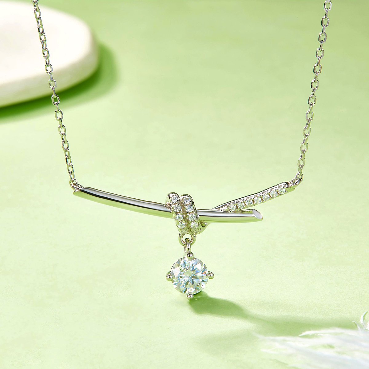 Crossover Knot Bar Moissanite Drop Necklace with Pavé Accents - Image 2