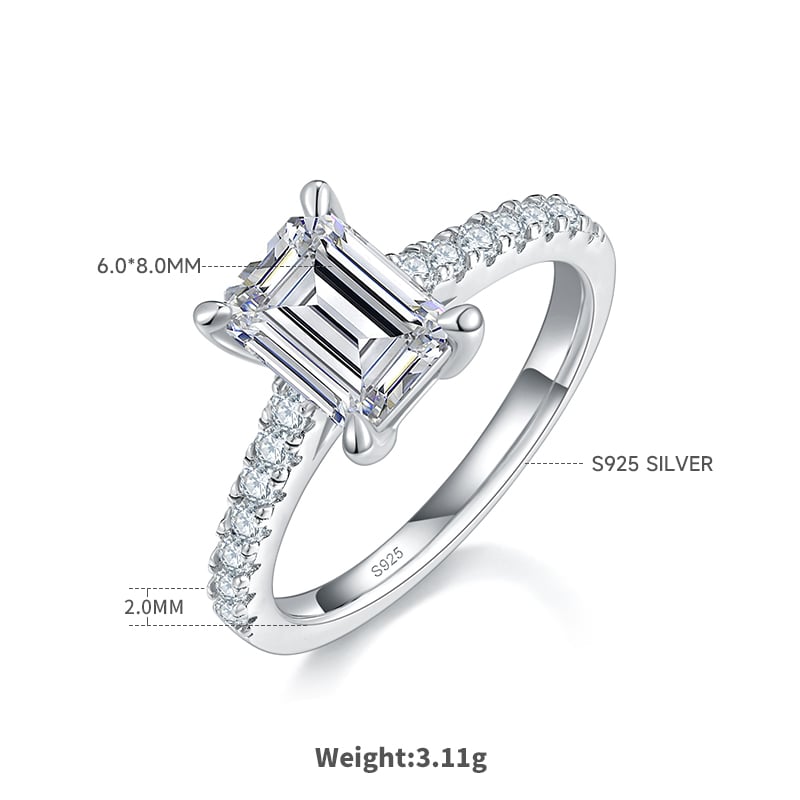 2ct Emerald-Cut Moissanite Solitaire Ring | Pavé Band | 925 Silver