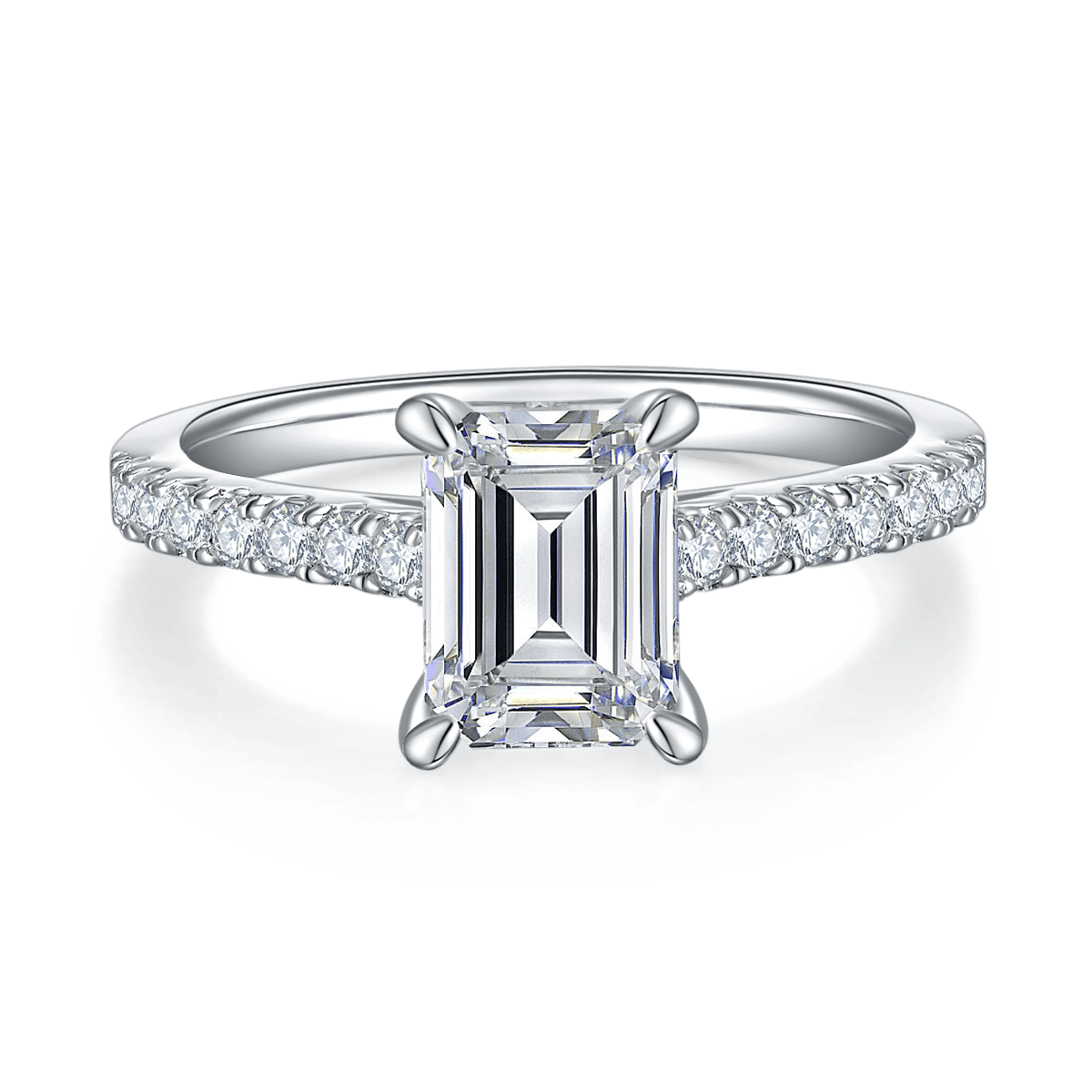 2ct Emerald-Cut Moissanite Solitaire Ring | Pavé Band | 925 Silver - Image 2