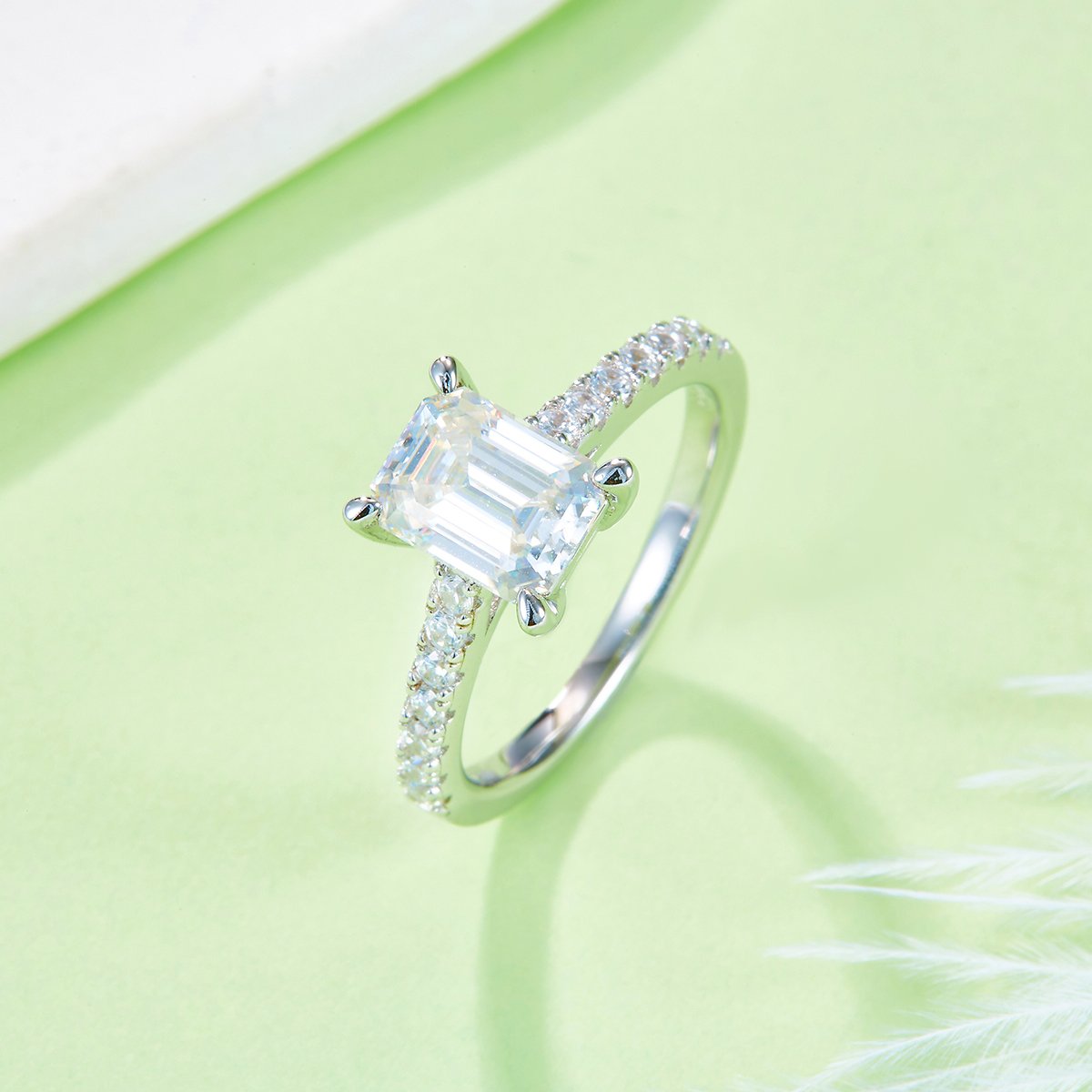 2ct Emerald-Cut Moissanite Solitaire Ring | Pavé Band | 925 Silver - Image 4