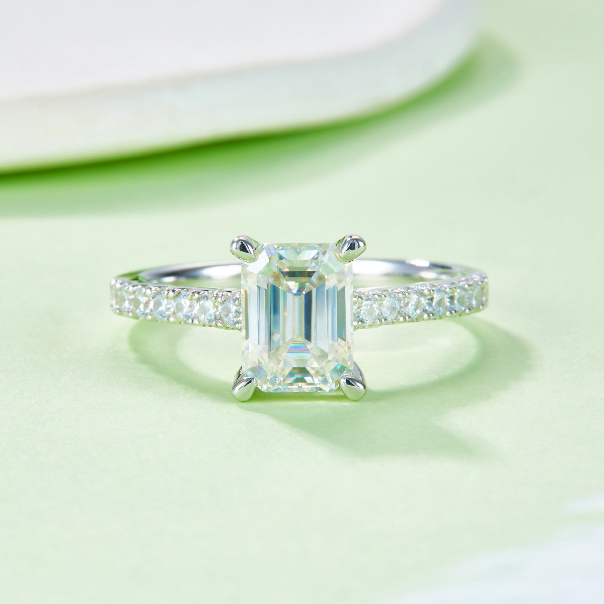 2ct Emerald-Cut Moissanite Solitaire Ring | Pavé Band | 925 Silver - Image 6