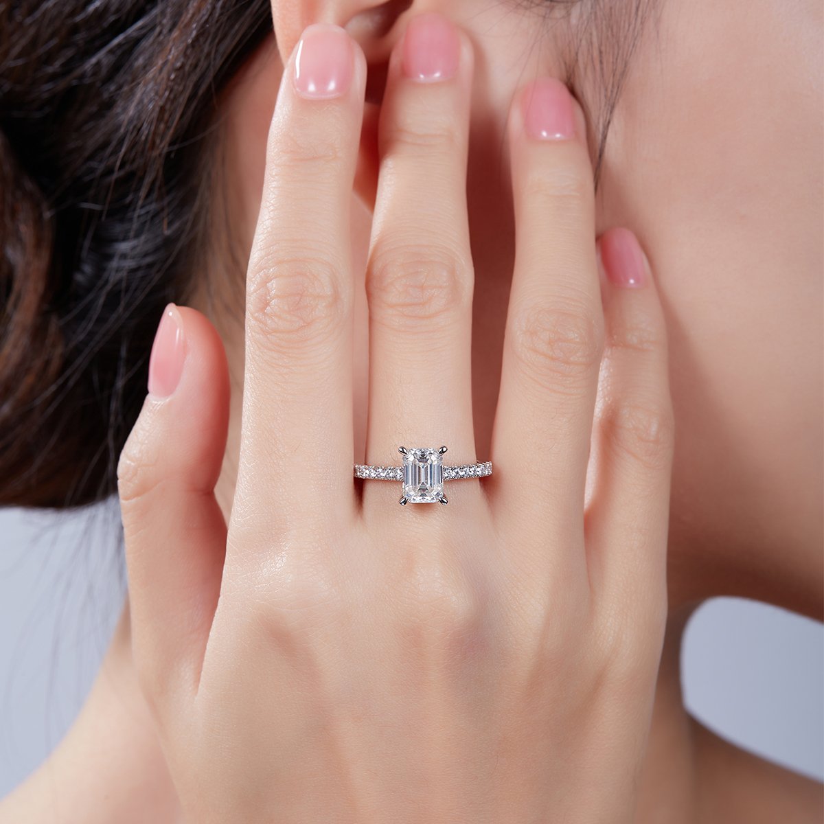 2ct Emerald-Cut Moissanite Solitaire Ring | Pavé Band | 925 Silver - Image 7