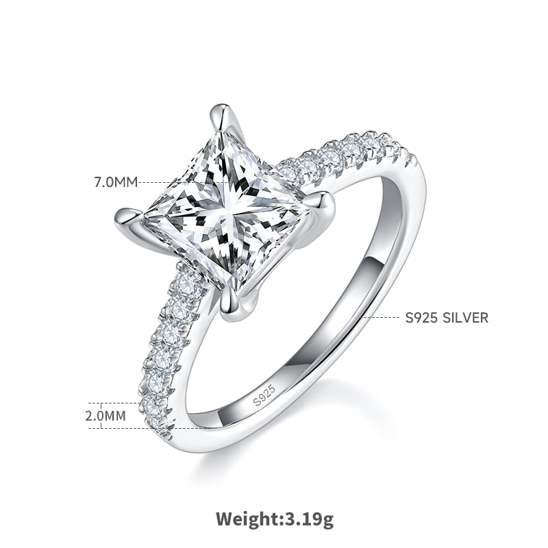 2ct Princess-Cut Moissanite Pavé Solitaire Ring | 7mm DEF VVS | 925 Silver