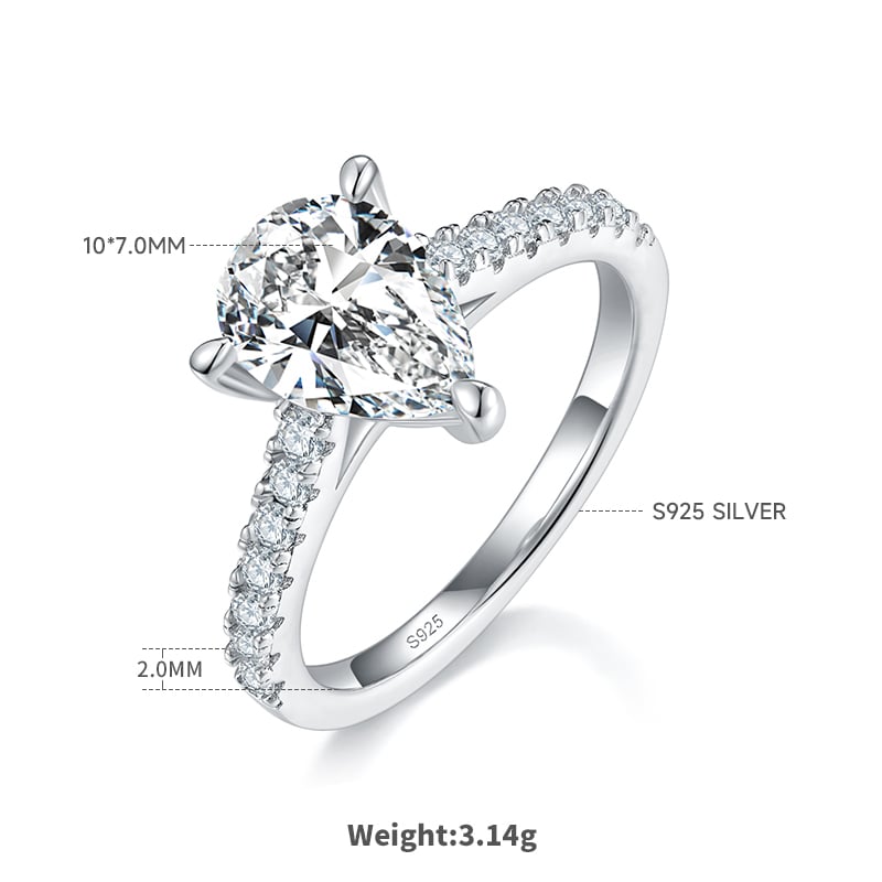 2ct Pear-Cut Moissanite Pavé Solitaire Ring | DEF VVS | 925 Silver