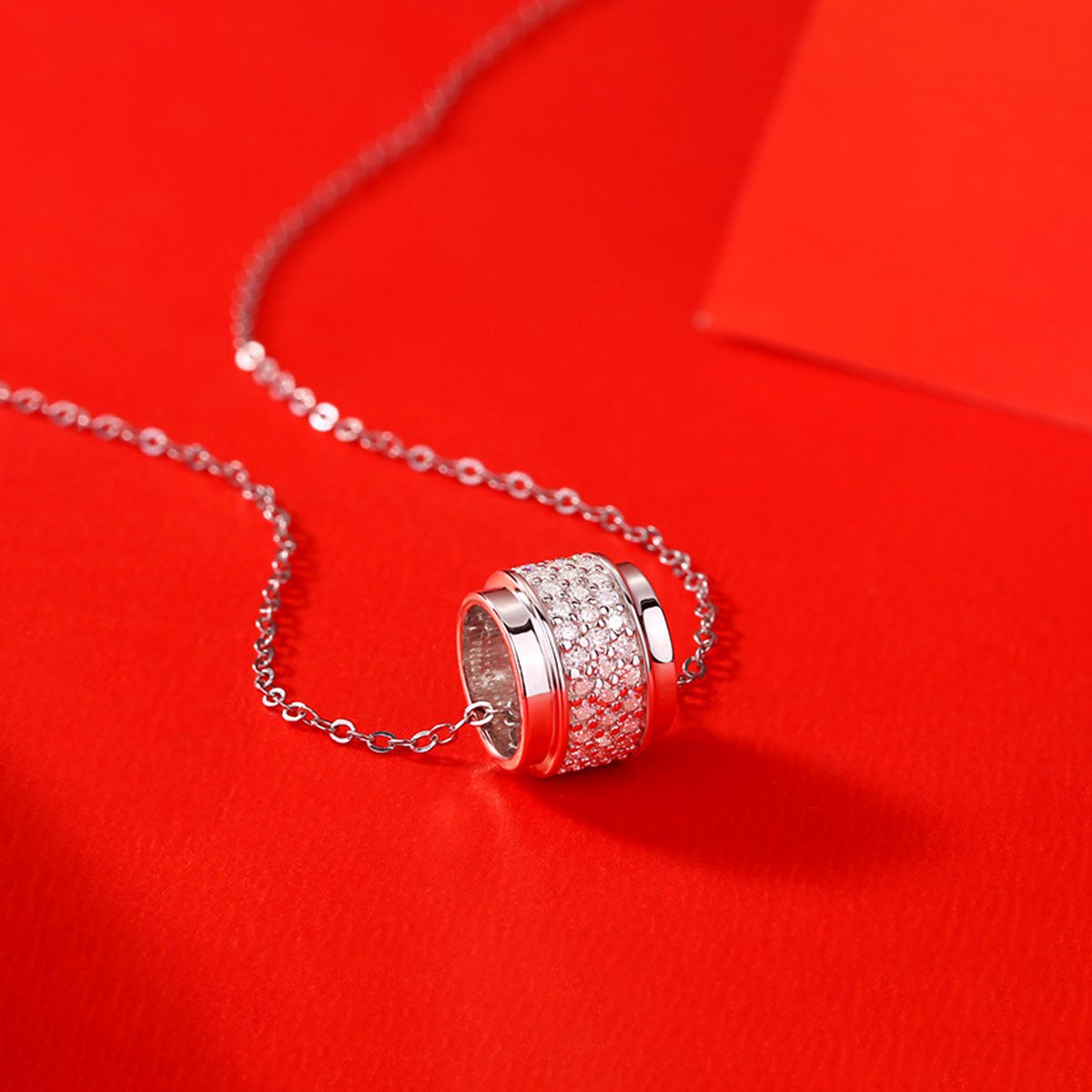 Moissanite Pave Rondelle Bead Necklace | 925 Silver White Gold Pendant - Image 2