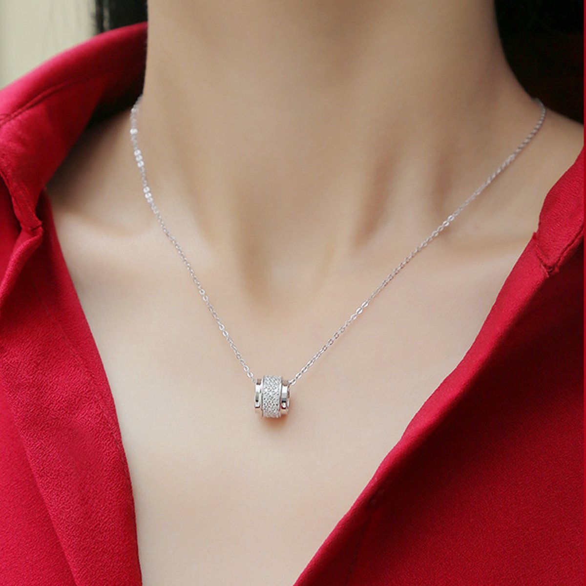 Moissanite Pave Rondelle Bead Necklace | 925 Silver White Gold Pendant - Image 3