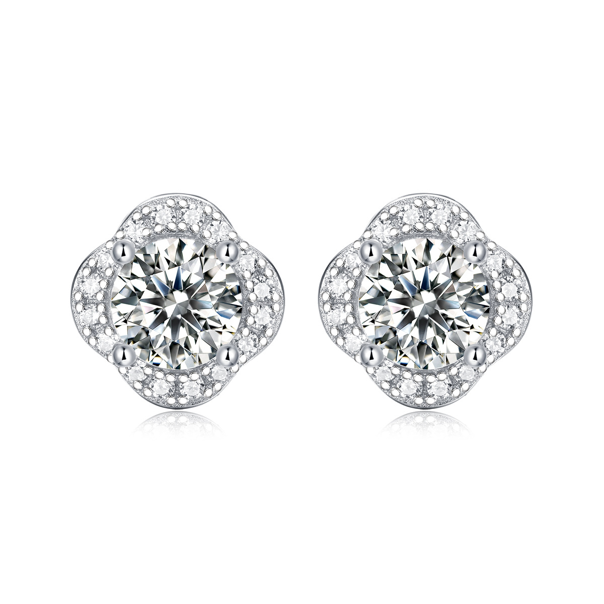 Round Moissanite Clover Halo Stud Earrings