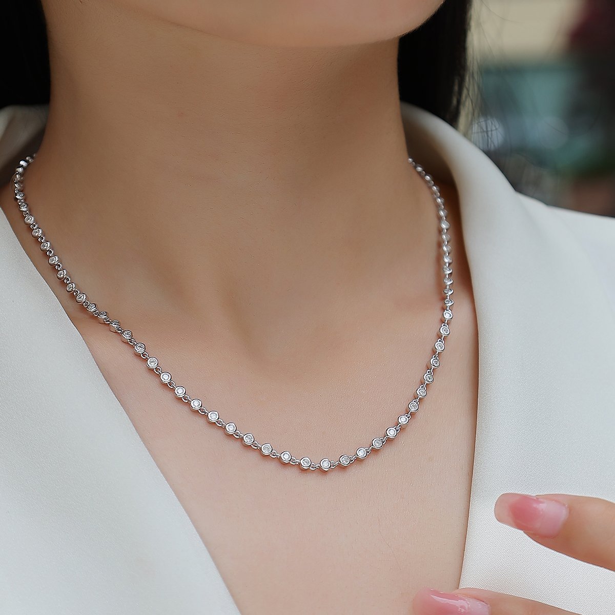 Moissanite Bezel Bubble Station Tennis Necklace - Image 5