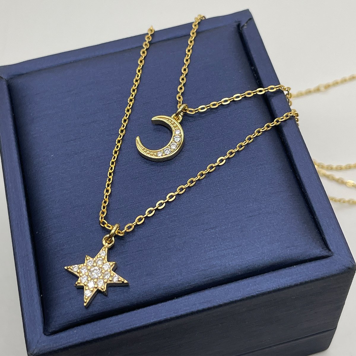 Moissanite Crescent Moon & Star Layered Necklace - Image 4