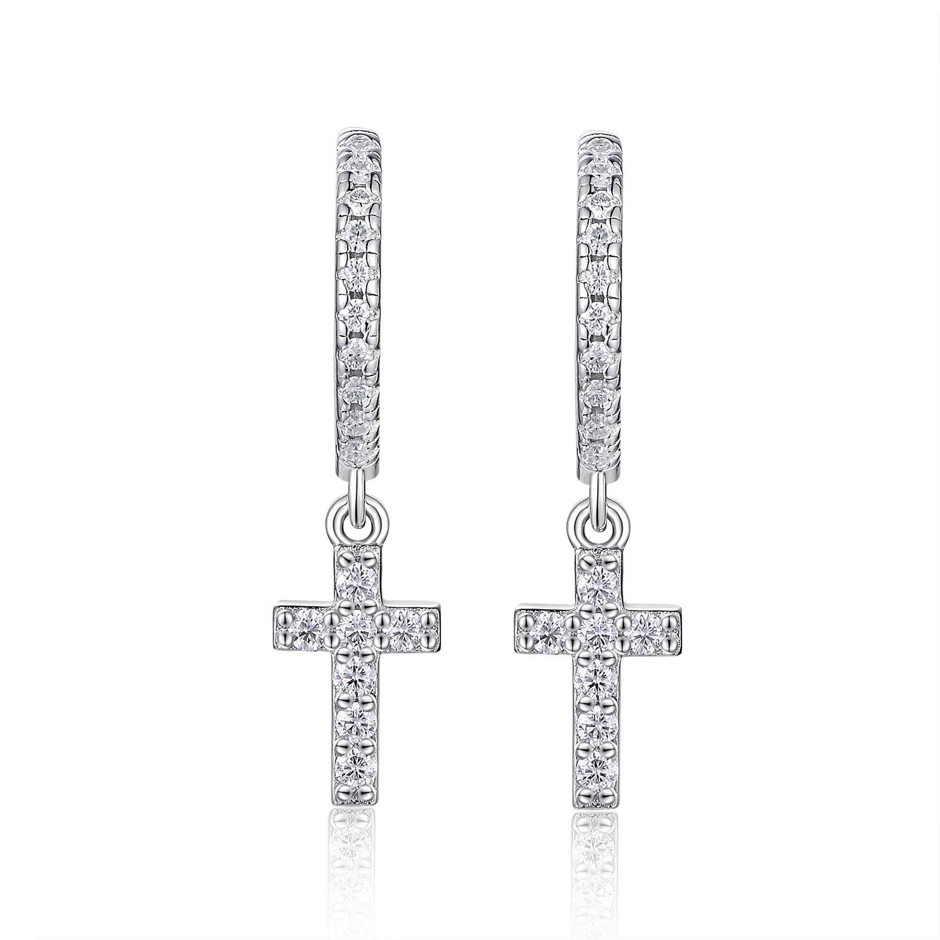 Pave Cross Moissanite Drop Earrings | Huggie Hoop Dangle | 925 Silver