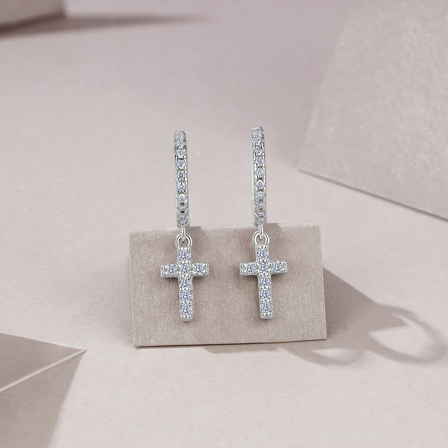 Pave Cross Moissanite Drop Earrings | Huggie Hoop Dangle | 925 Silver - alternate view