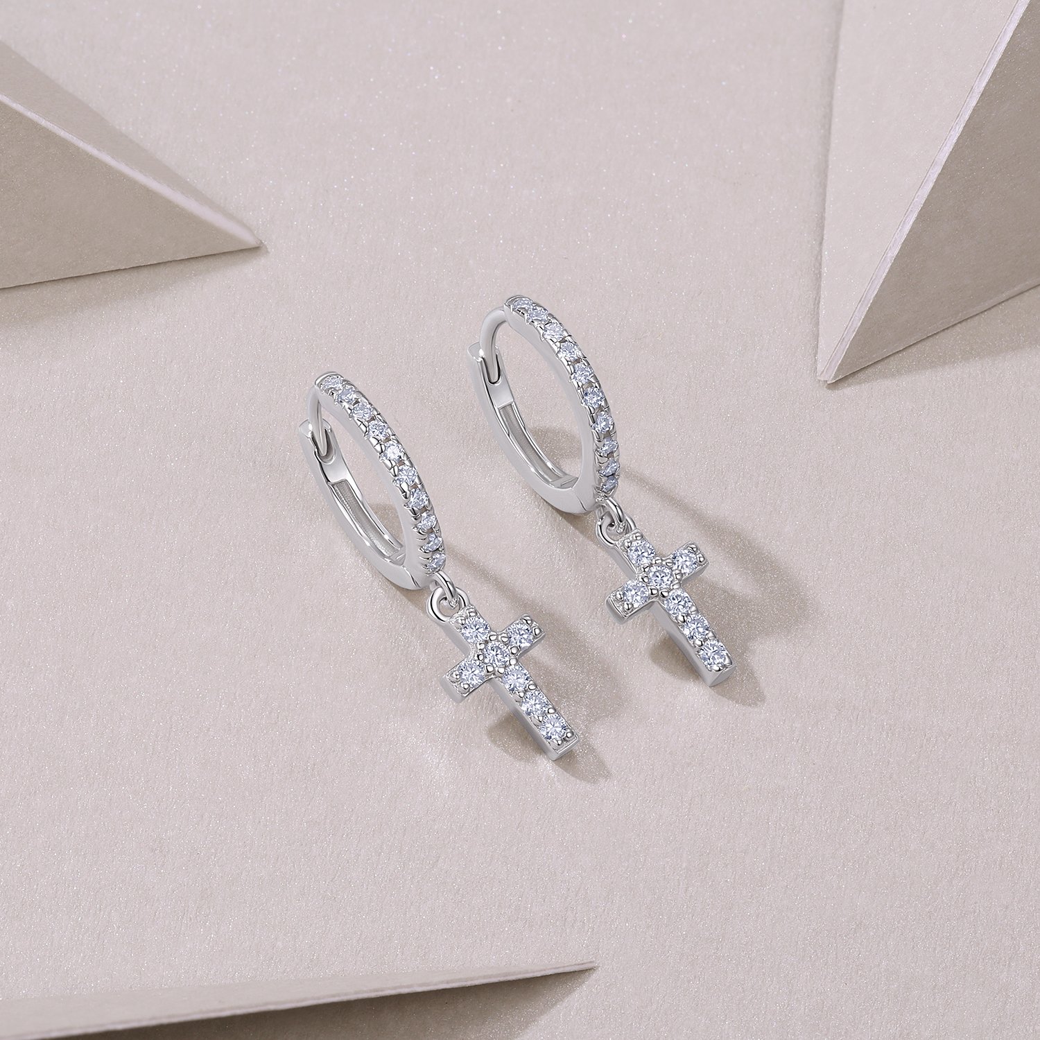 Pave Cross Moissanite Drop Earrings | Huggie Hoop Dangle | 925 Silver - Image 3