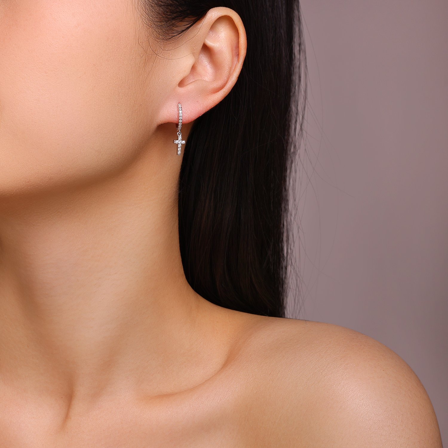 Pave Cross Moissanite Drop Earrings | Huggie Hoop Dangle | 925 Silver - Image 4