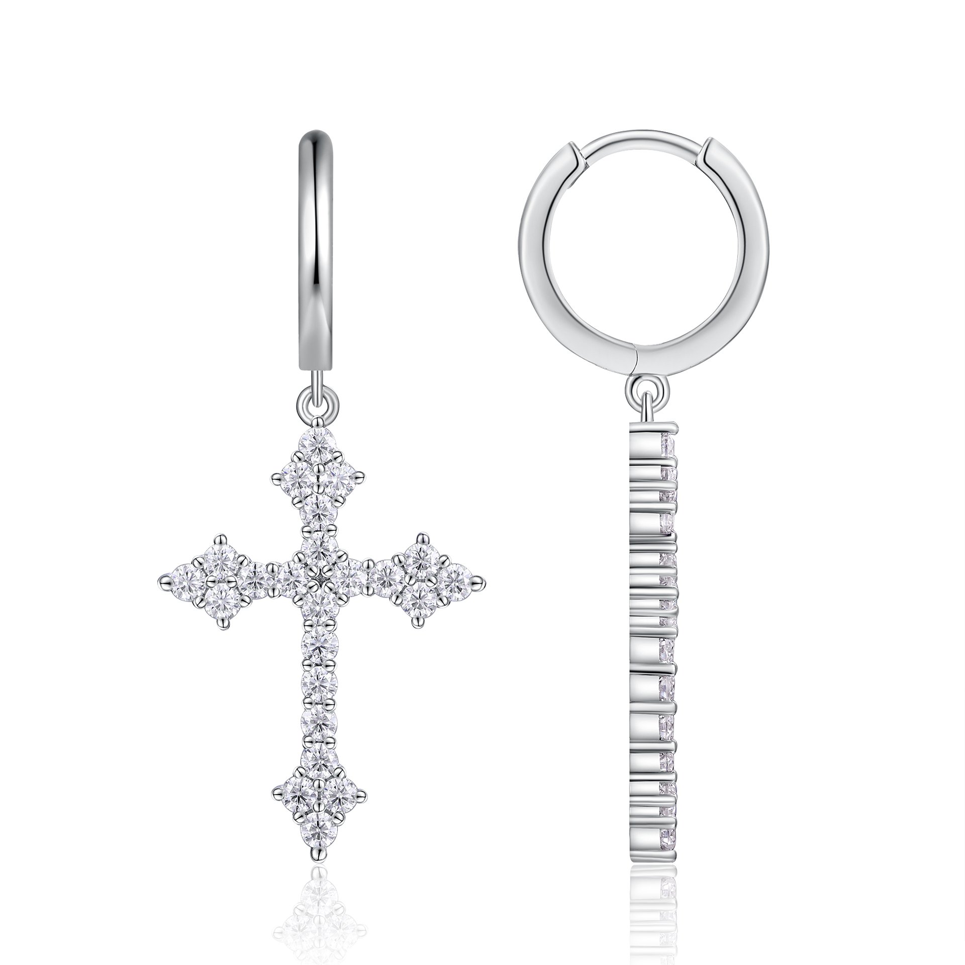Pave Moissanite Cross Drop Huggie Earrings