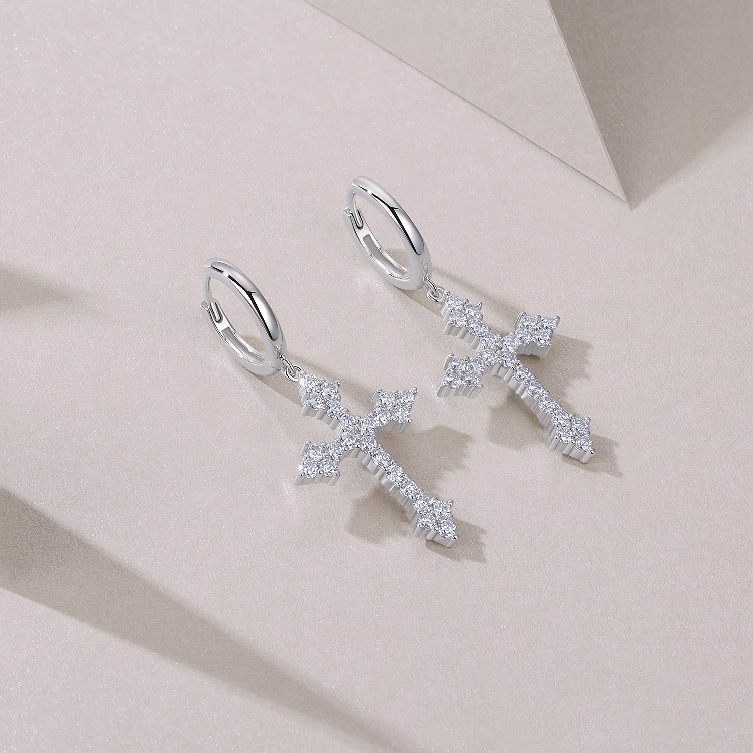 Pave Moissanite Cross Drop Huggie Earrings - Image 3