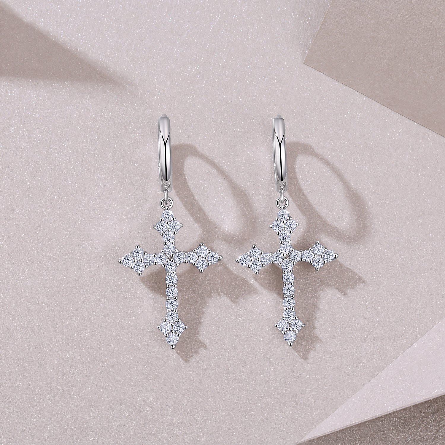 Pave Moissanite Cross Drop Huggie Earrings - Image 4