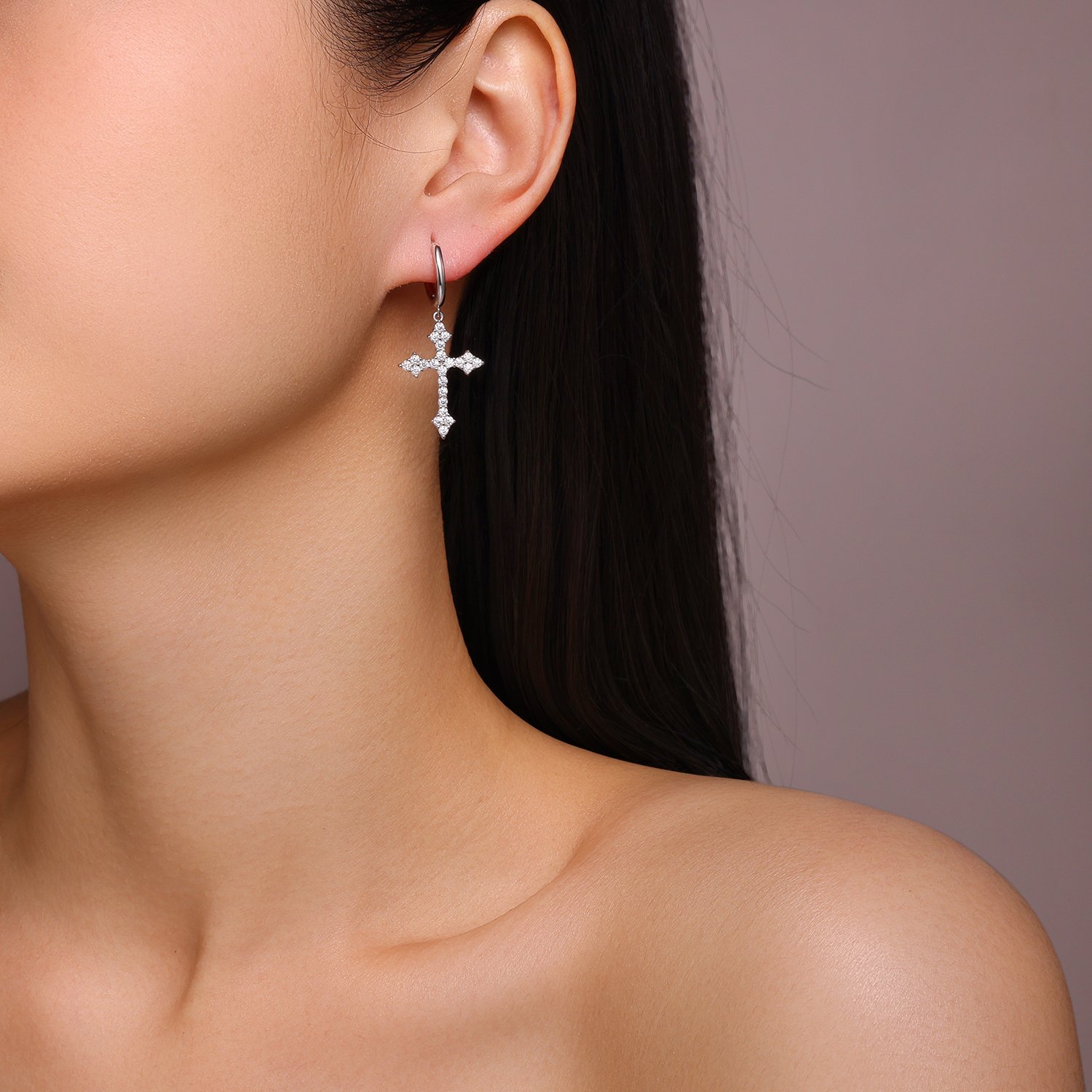 Pave Moissanite Cross Drop Huggie Earrings - Image 5