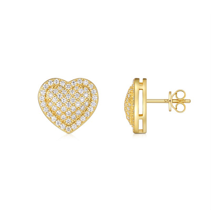 Pavé Moissanite Heart Stud Earrings | 18K Gold-Plated 925 Silver