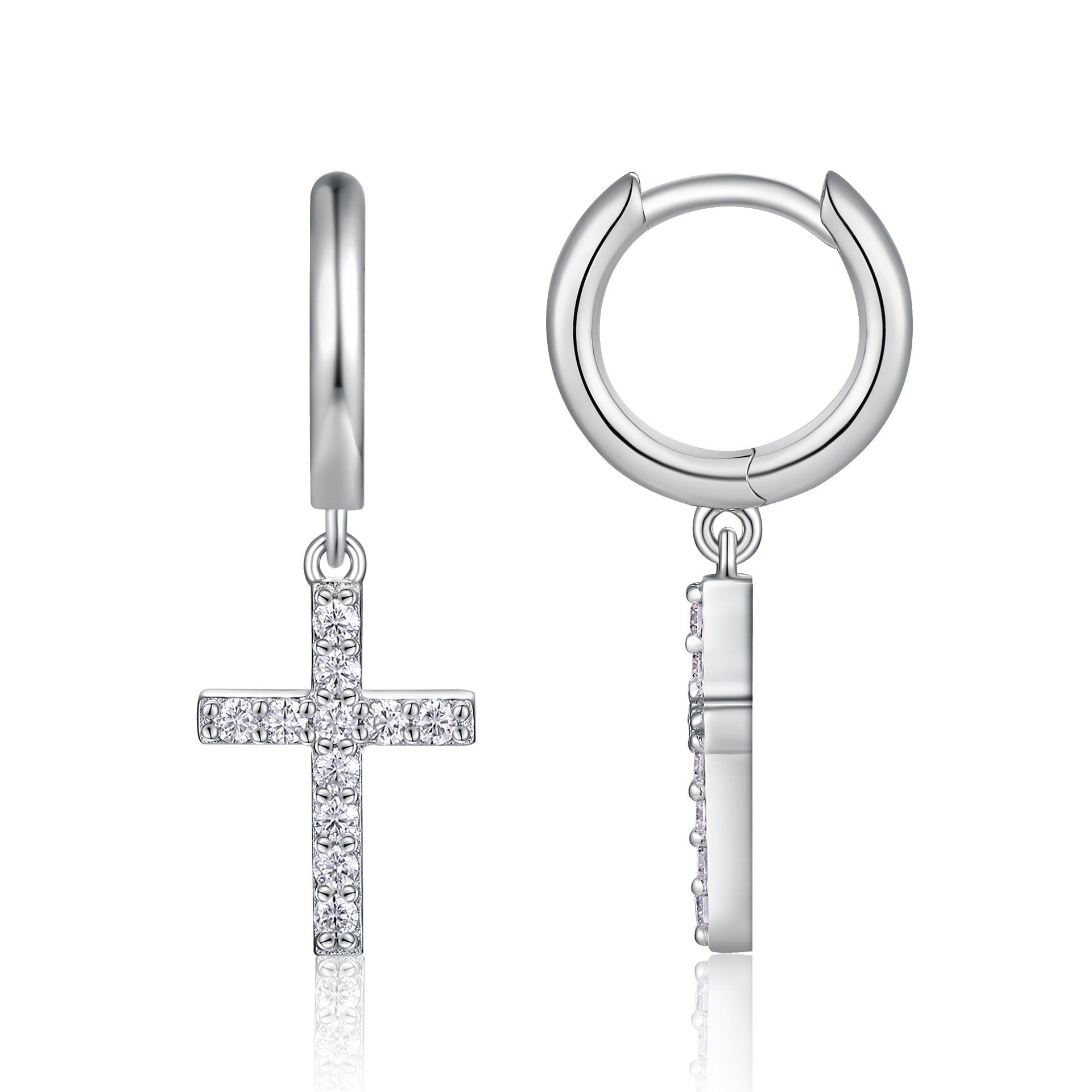 Moissanite Pavé Cross Drop Huggie Earrings | 18K White Gold Plated 925 Silver