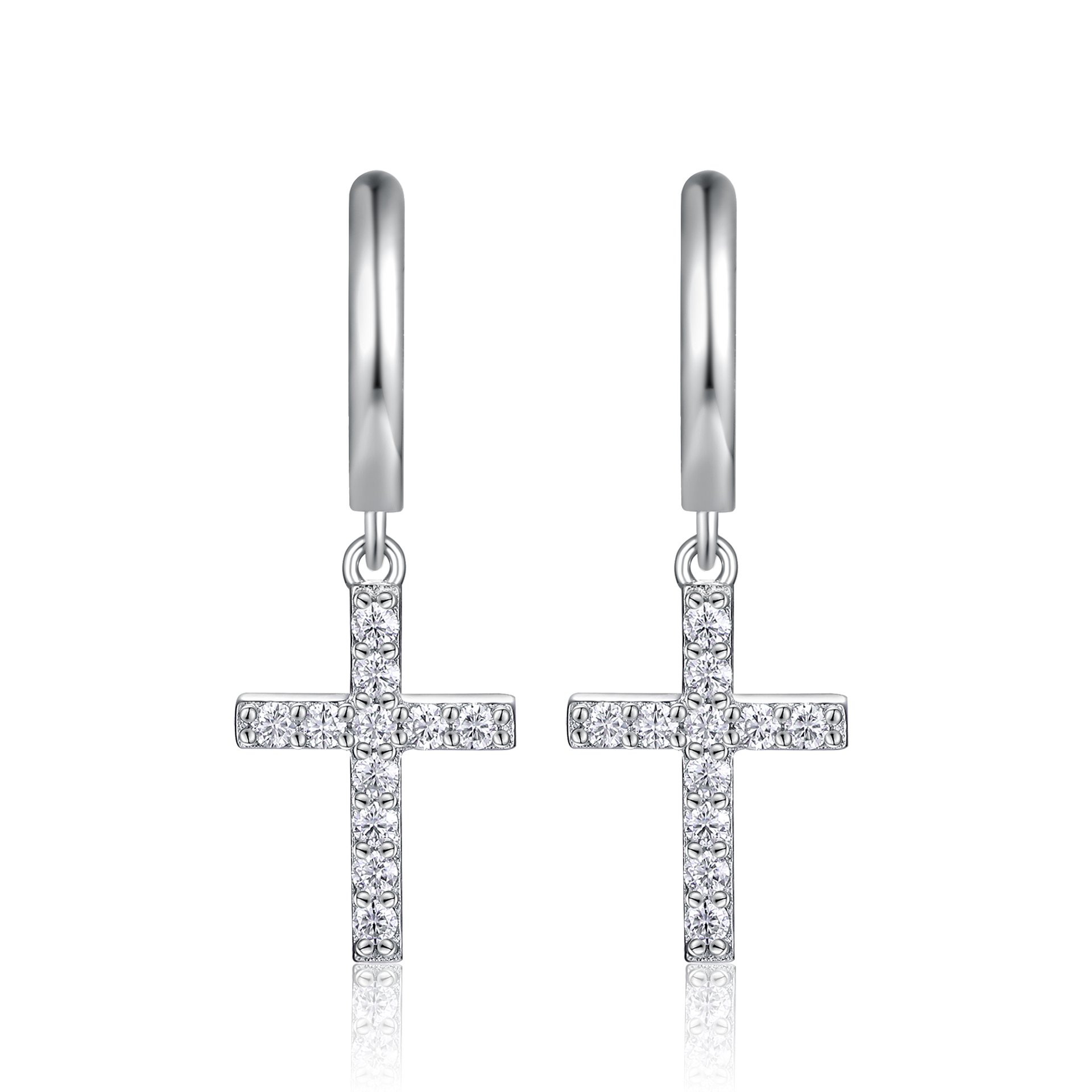 Moissanite Pavé Cross Drop Huggie Earrings | 18K White Gold Plated 925 Silver - alternate view