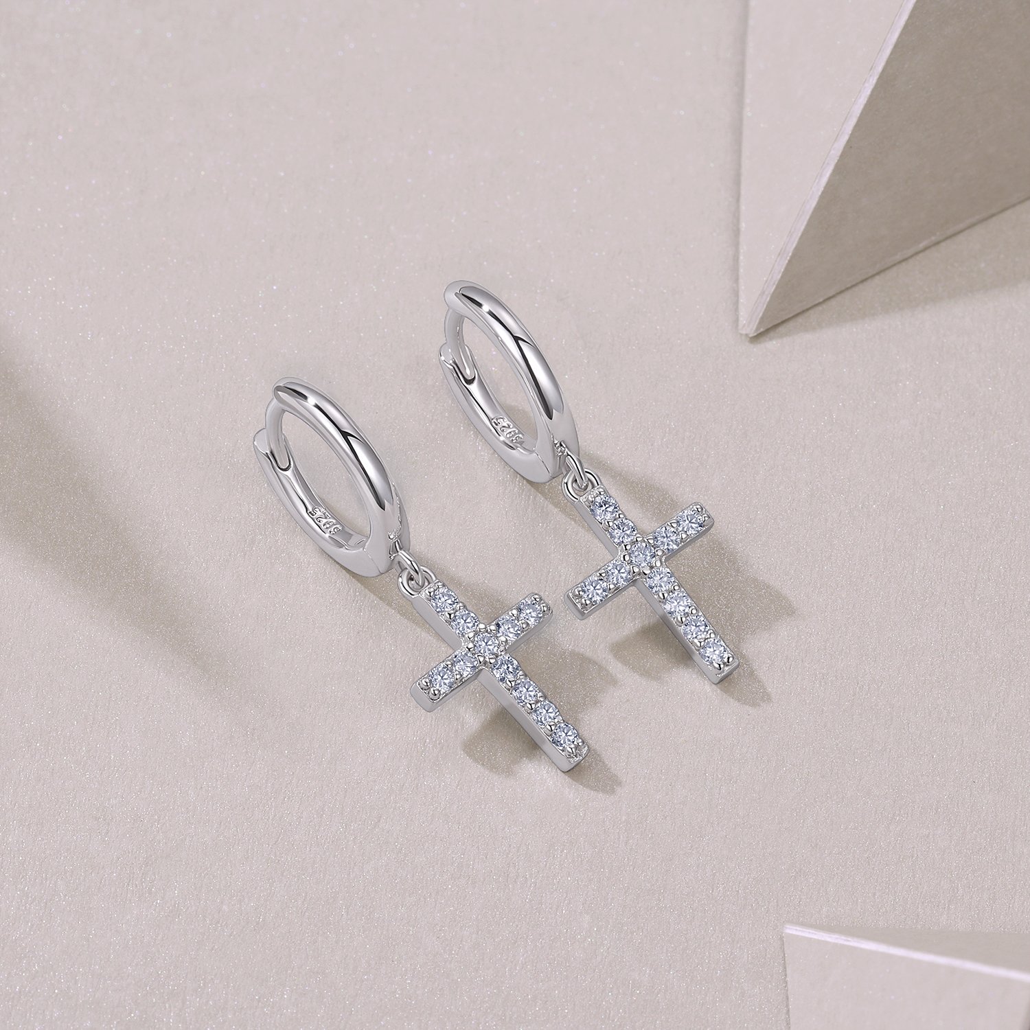 Moissanite Pavé Cross Drop Huggie Earrings | 18K White Gold Plated 925 Silver - Image 3