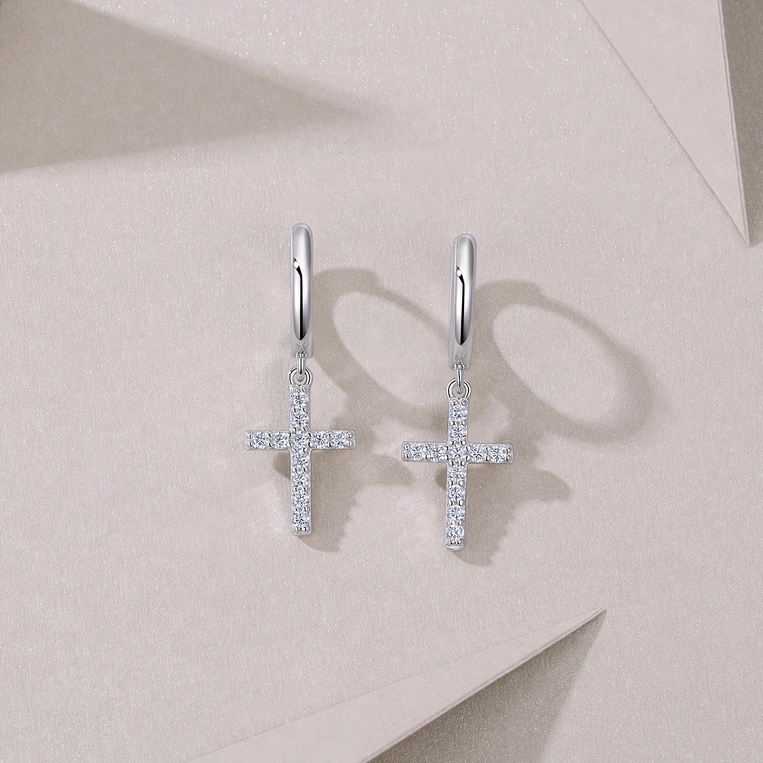 Moissanite Pavé Cross Drop Huggie Earrings | 18K White Gold Plated 925 Silver - Image 4