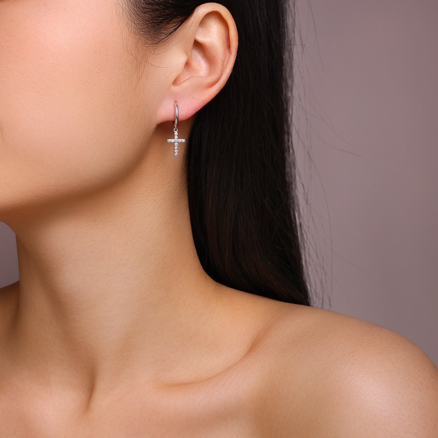 Moissanite Pavé Cross Drop Huggie Earrings | 18K White Gold Plated 925 Silver - Image 5