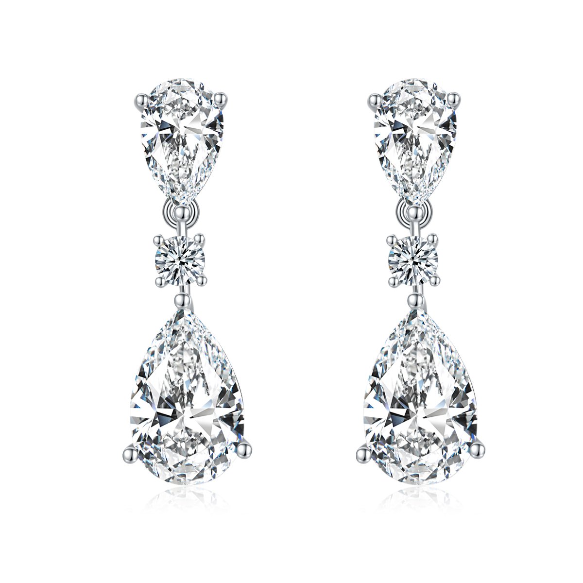 Pear & Round Moissanite Three-Stone Dangle Drop Earrings