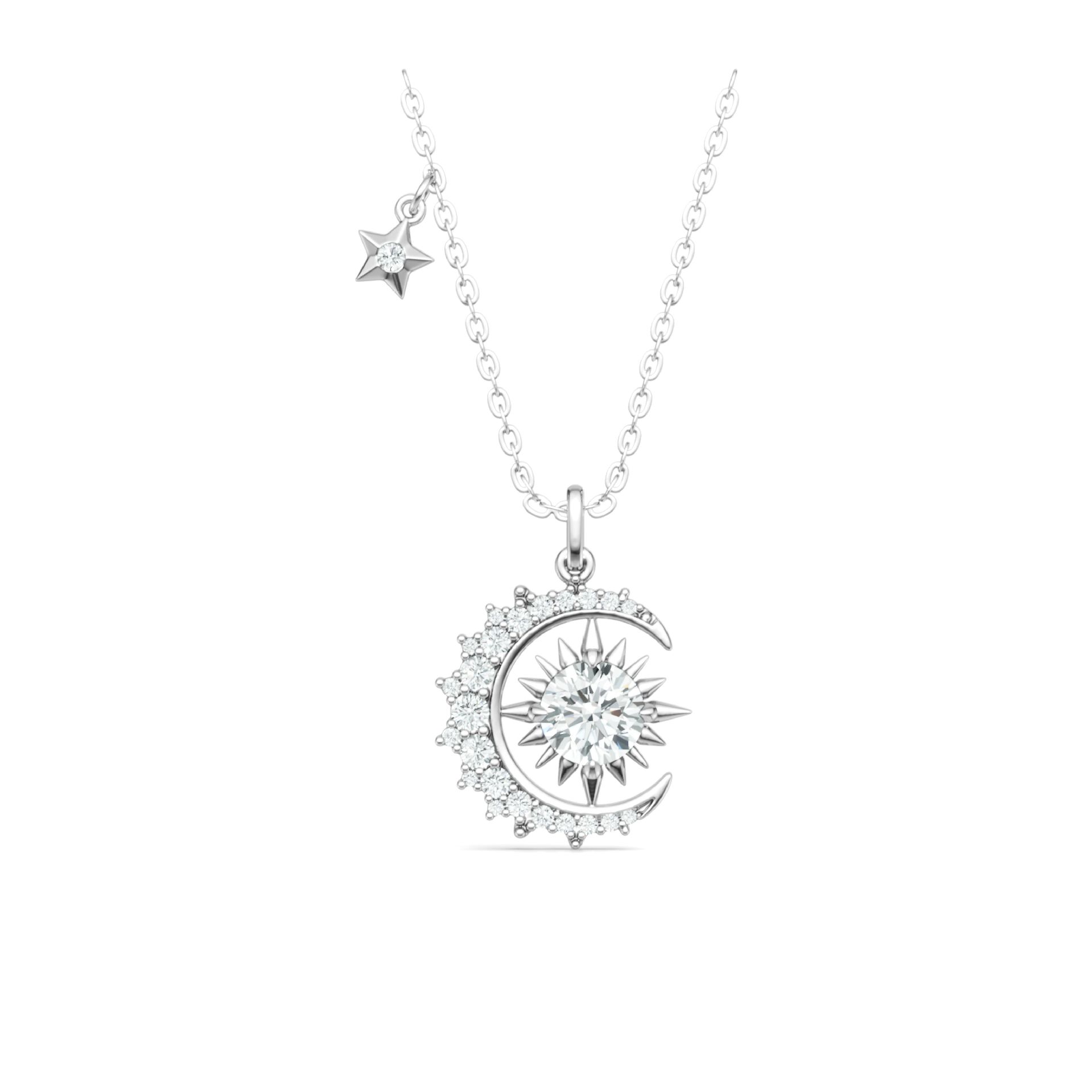 Moissanite Star & Crescent Moon Necklace | Sunburst Pendant with Floating Star Charm