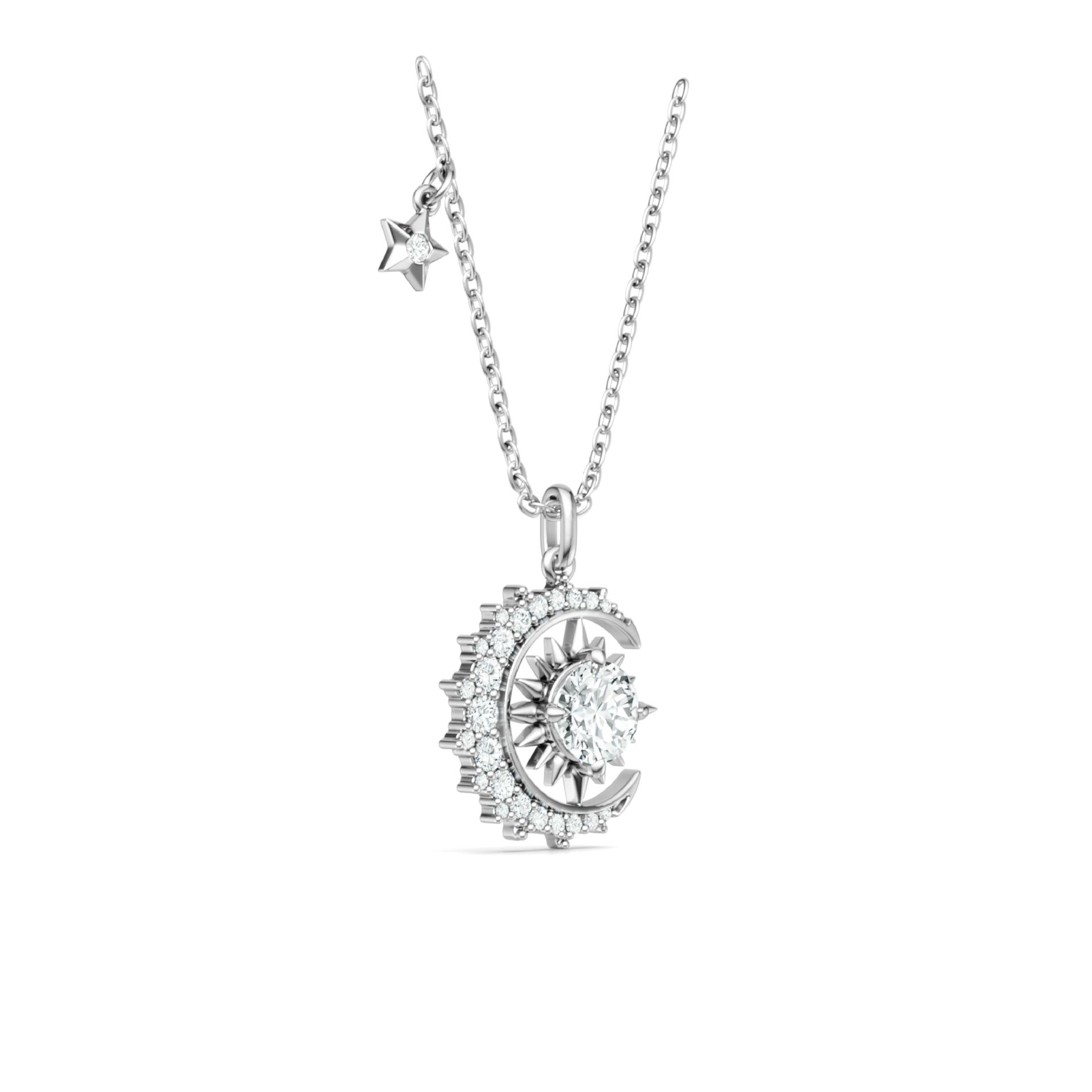 Moissanite Star & Crescent Moon Necklace | Sunburst Pendant with Floating Star Charm - Image 2