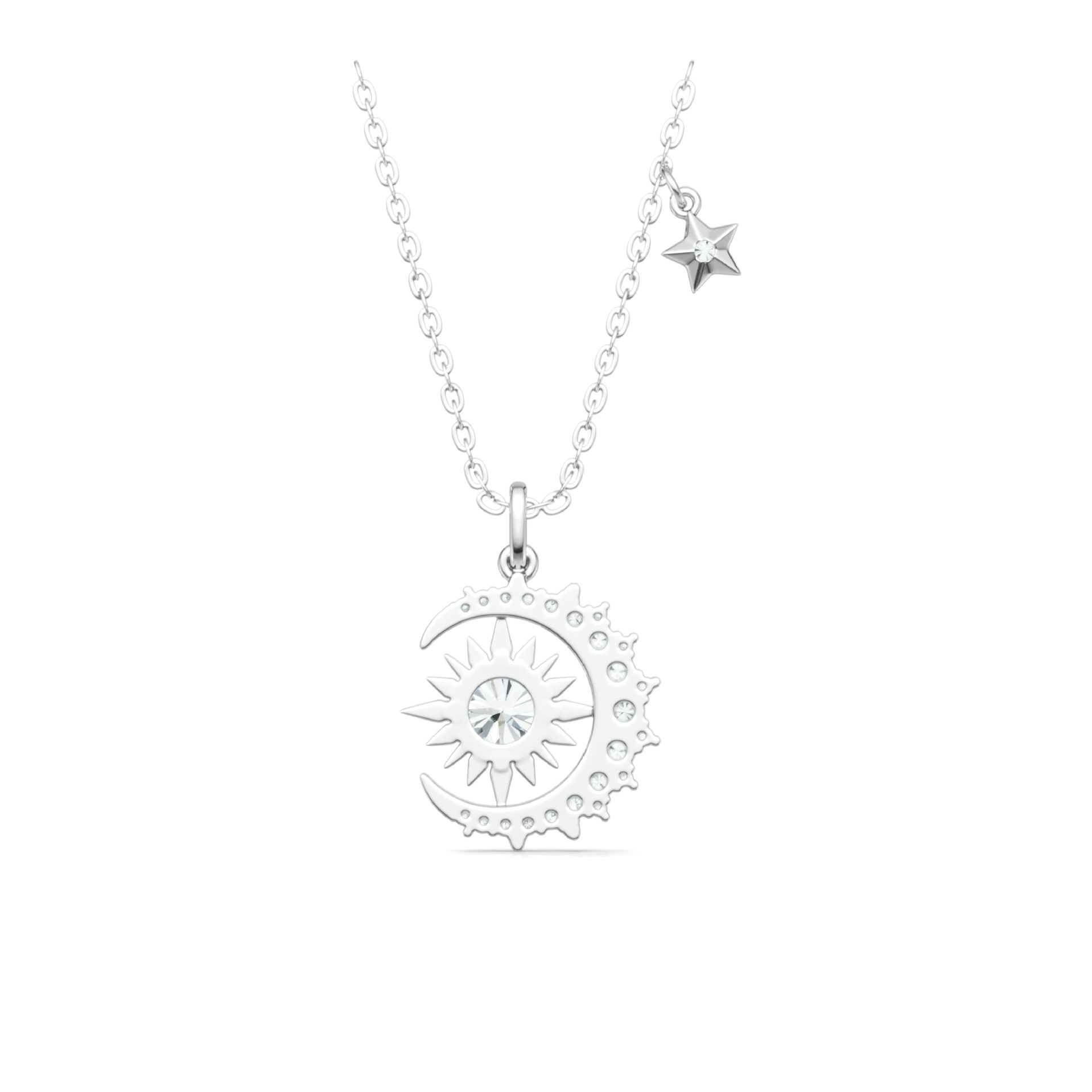Moissanite Star & Crescent Moon Necklace | Sunburst Pendant with Floating Star Charm - Image 3