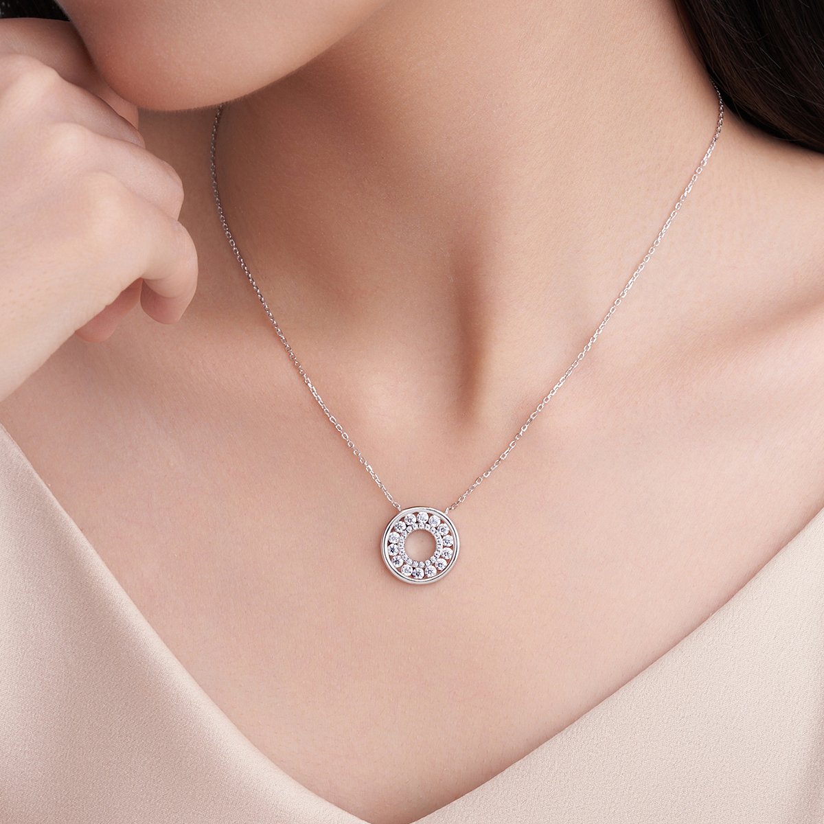 Pave Open-Circle Moissanite Necklace | ~1ct DEW Round Halo Pendant - Image 6