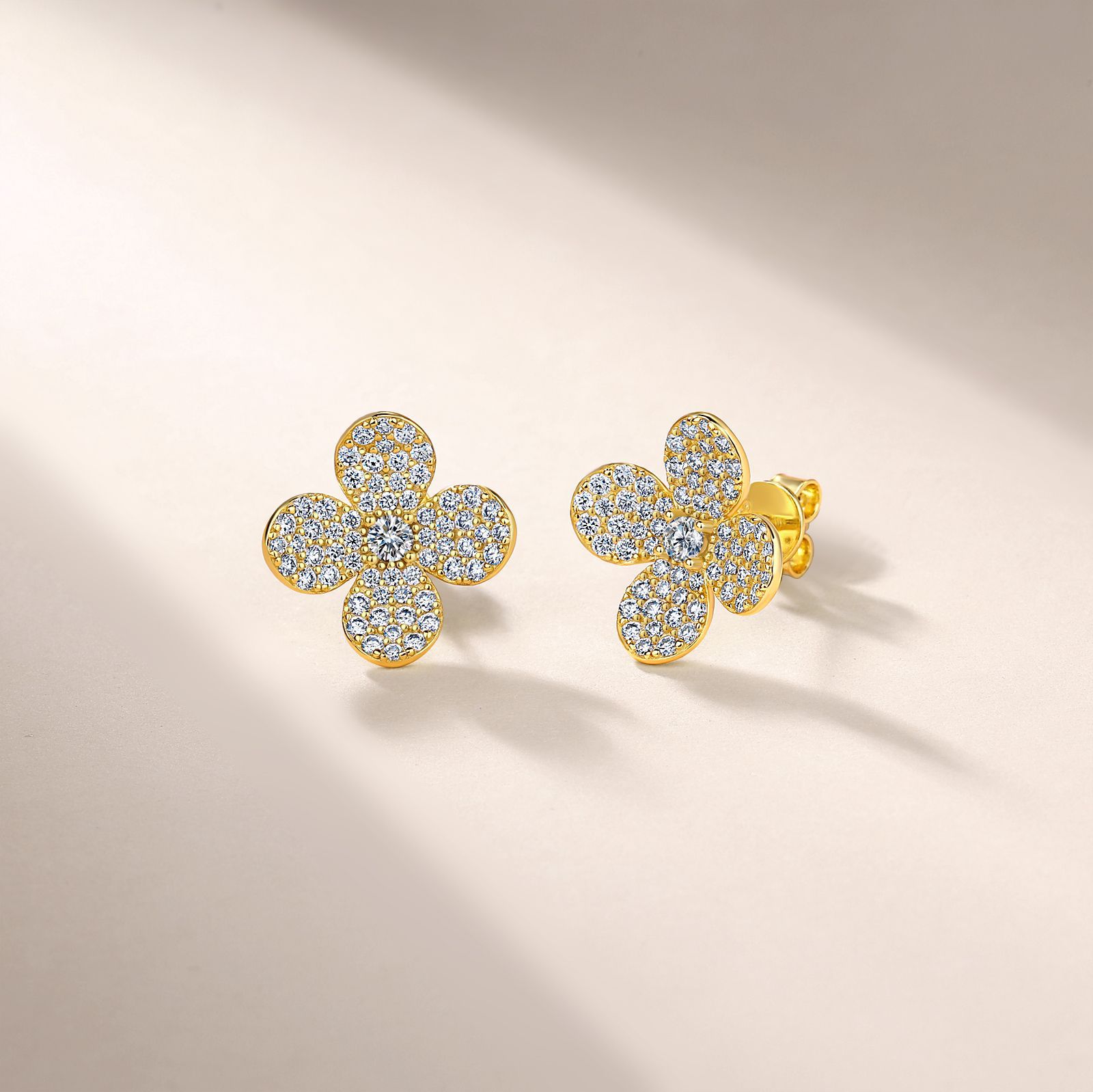 Pavé Moissanite Clover Flower Stud Earrings | Four-Petal Sparkle - Image 3