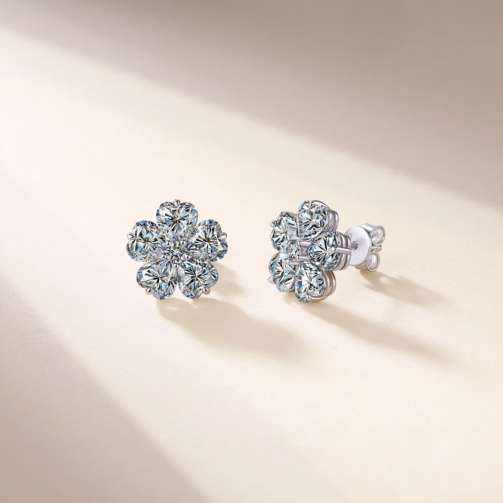 Moissanite Heart-Petal Flower Cluster Stud Earrings | Floral Halo Studs - alternate view