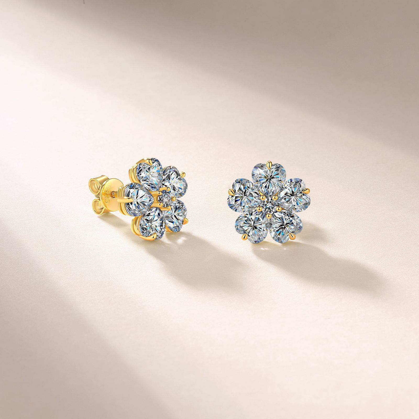 Moissanite Heart-Petal Flower Cluster Stud Earrings | Floral Halo Studs - Image 3